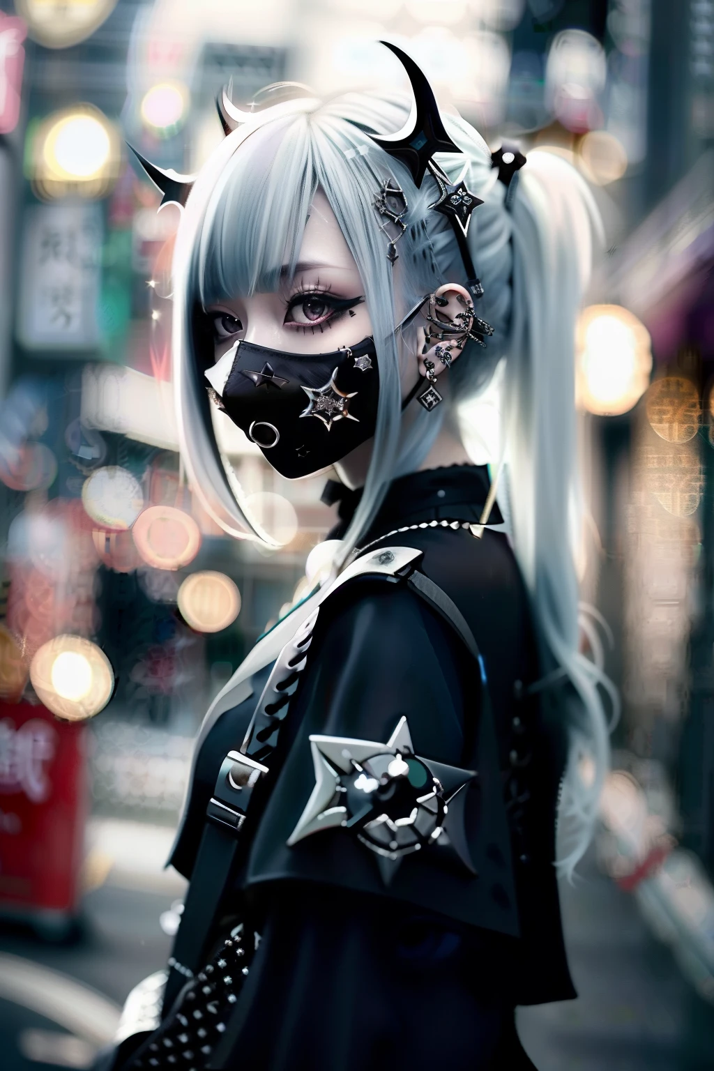 Vampire costume、goth_punk, 1girl in, 独奏, medium shot, Walking in Harajuku, ((during night)), bokeh dof, Neon light, Iridescent eyes, starrysky, White shiny hair, White eyebrows, Radiant hair, (iridescent white hair), 耳Nipple Ring, bangss, jewely, masks, bluntbangs, verd s eyes, Mouth mask, blurry backround, bblurry, hair adornments, Look at viewers, shorth hair, portraitures, side locks