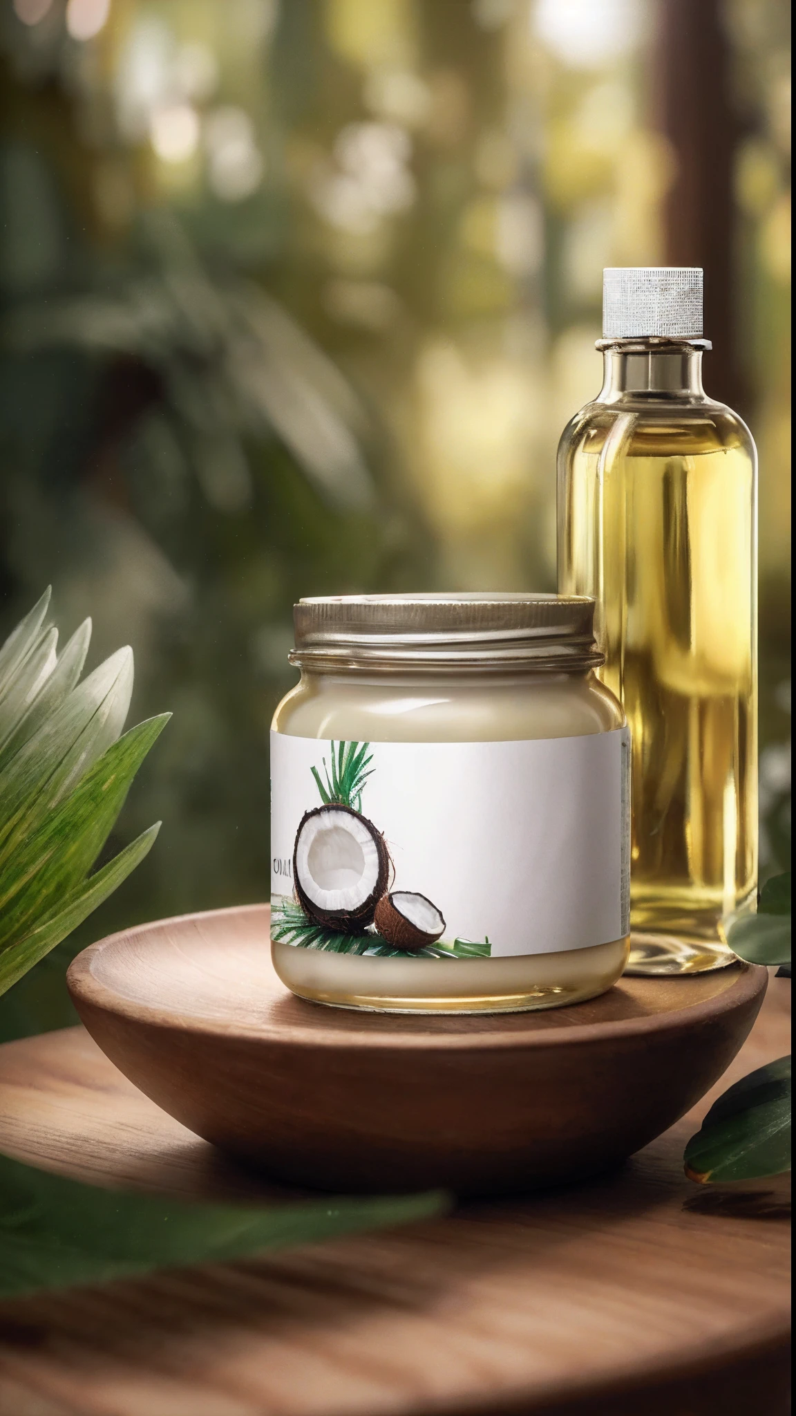 there is a jar of coconut oil and a bottle of oil on a plate, high quality topical render, product photography, 3 d product render, oils, product render, product photography 4 k, product shoot, high quality product photography, cooking oil, professional product shot, professional product photography, oil art, product design render, product label, commercial product photography, photorealistic illustration