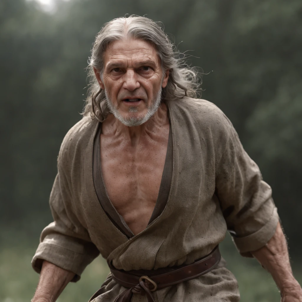 an old man in green clothes running towards the camera (Professional 3D rendering:1.3) de (Realistic:1.3) Foto de arte mais bonita do mundo,Features soft, bright male heroes, ((Epic hero fantasy rough muscular man wet hero angry look long hair short beard and fierce expression in dynamic pose, fantastic location, majestoso ambiente desordenado)), corpo inteiro 8k unidade render, action shot, poros da pele, very dark lighting, sombreamento pesado, circunstanciado, Rosto detalhado, (vibrante, fotogrdeia realista, Realistic, Dramatic, Escuro, foco nítido, 8k), (Old leather clothes damaged by bad weather:1.4), ((((Use peles)))), (intrincado:1.4), decadente, (altamente detalhado:1.4), pintura digital, rendering by octane, art stations, Conceito-Arte, liso, foco nítido, illustration, germe da arte, (Loish:0.23), Wlop Ilya Kuvshinov, e Greg Rutkowski e Alphonse Mucha Gracias, (global ilumination, studiolight, Light Volumetric), chuva forte, floating particles, patife, fantasia, Onze, corpo inteiroesbian, ((Fundo escuro e antigo da cidade:1.3)),CGSesociedade,art stations