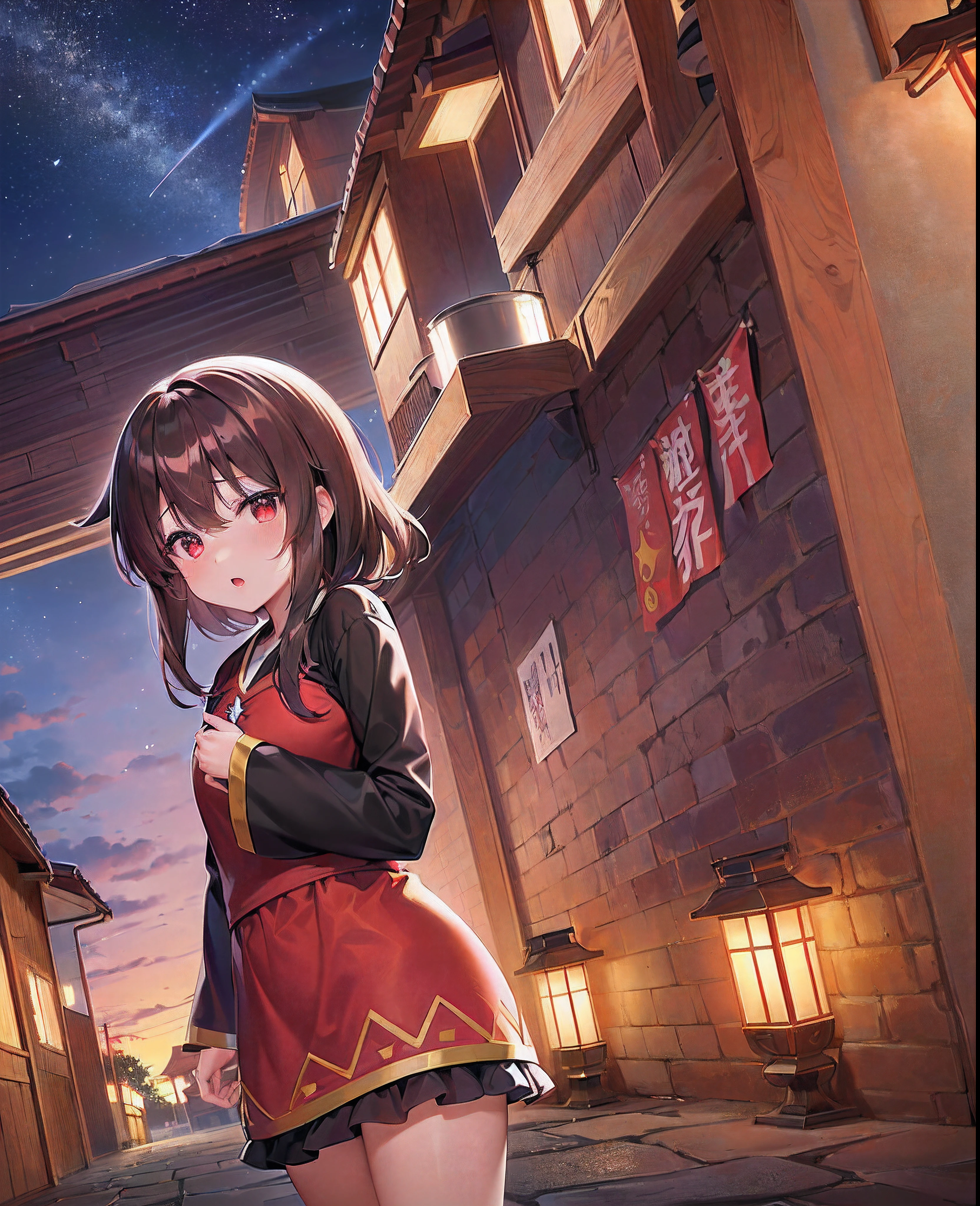 Megumin, Konosuba, Japan, Sakura, cabelos curtos, olhos vermelhos, cabelo castanho, de noite, starly sky