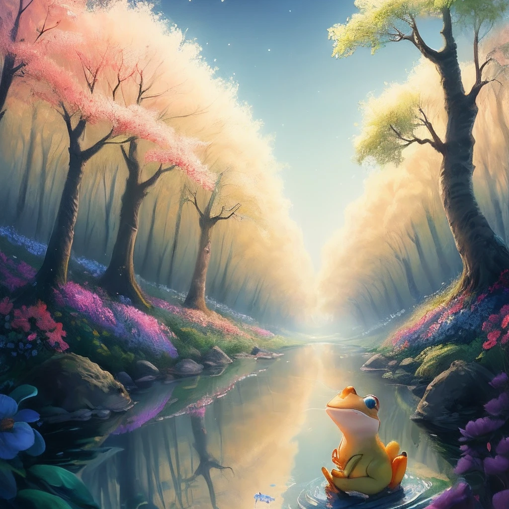 Era uma vez, in a magical forest called the Forest of Dreams, where the trees were tall and full of life, and the streams murmured soft songs. There lived a curious little frog named Lila and her best friend, Pingo, um passarinho colorido. The Forest of Dreams was a magical place, onde todos os animais viviam em harmonia, thanks to the vibrant colors that filled every corner. The blue of the sky reflected in the streams, The flowers bloomed in rainbow hues, e a felicidade estava no ar.