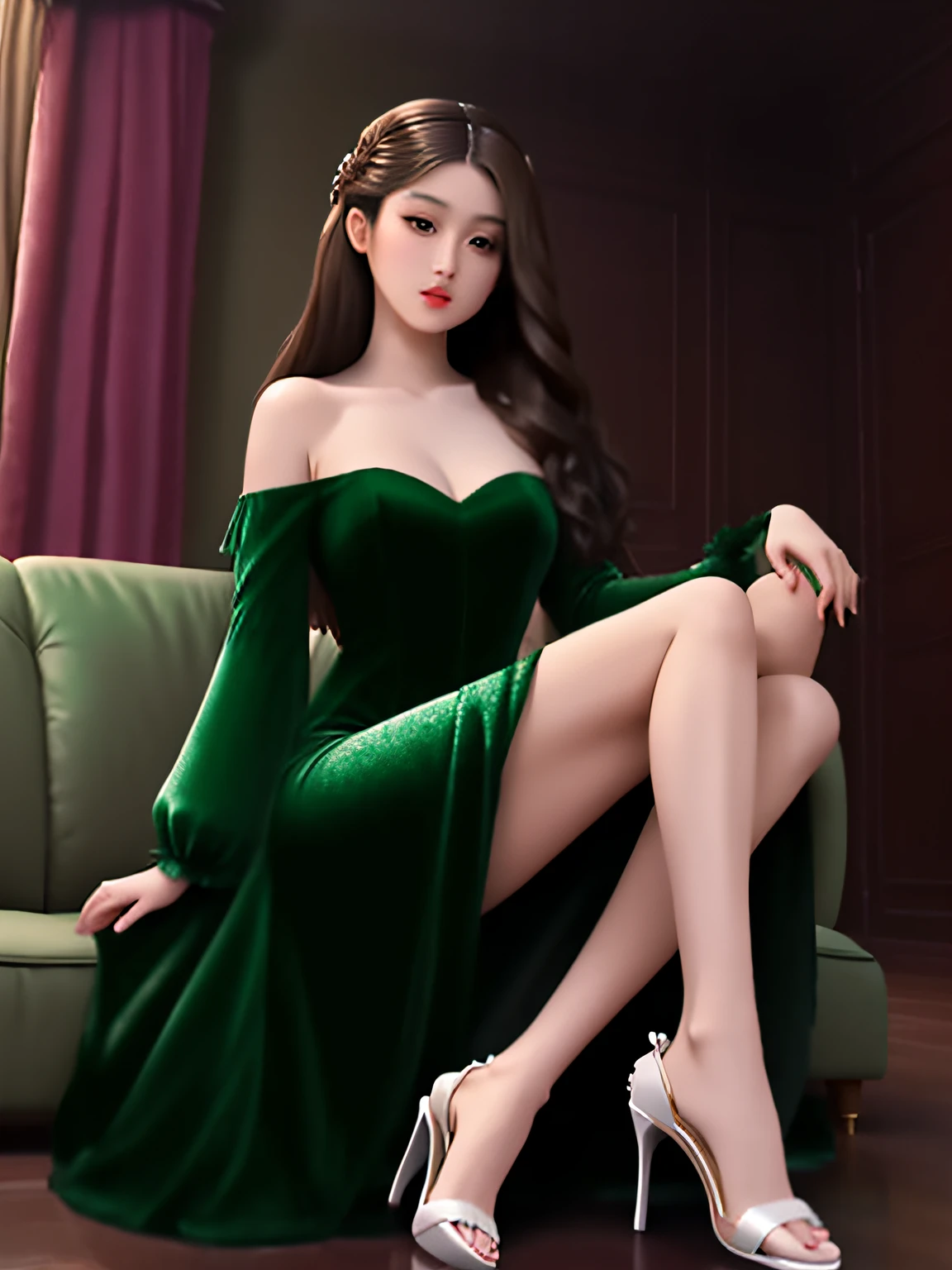 21 year old princess, full length picture from head to feet, light skin, soft features, double eyelid, dark hair, beautiful flowing dress, relaxed on dark green velvet sofa, pearl white strappy hig heels, realistic, inside castle