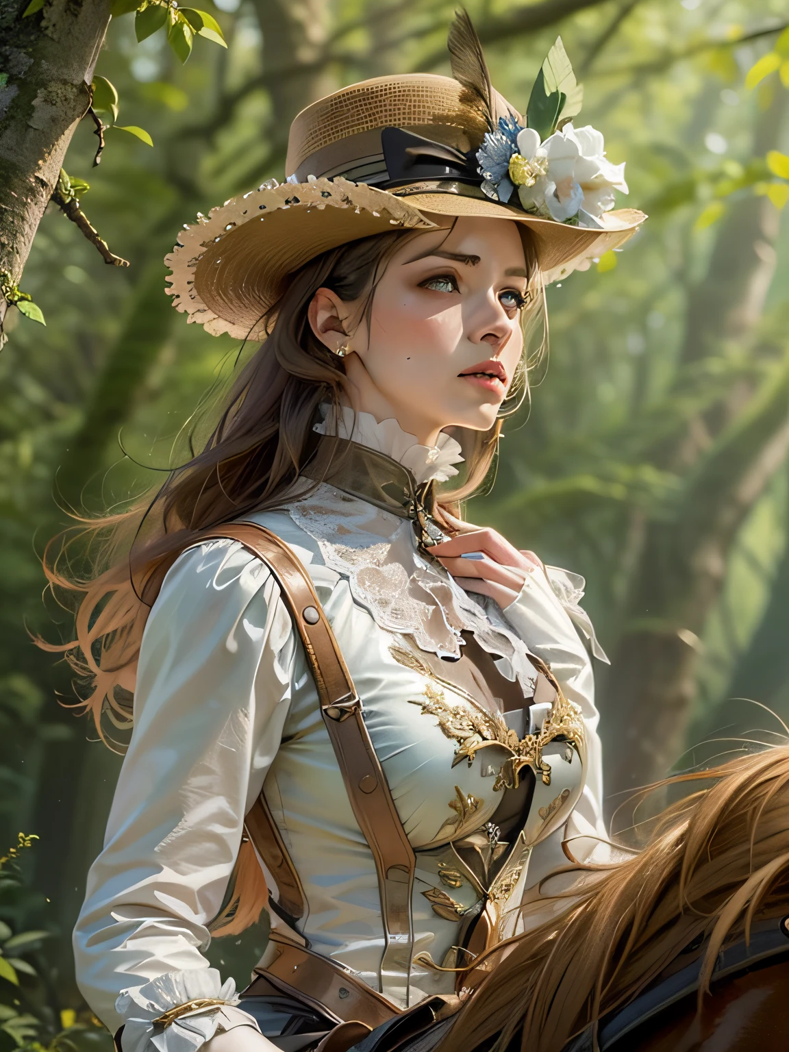 (((A hyper-realistic masterpiece))), hiquality, ultradetail, Stunning Victorian Lady 30K, Horseback riding, Embroidery outfit, in the woods, Face detailing
