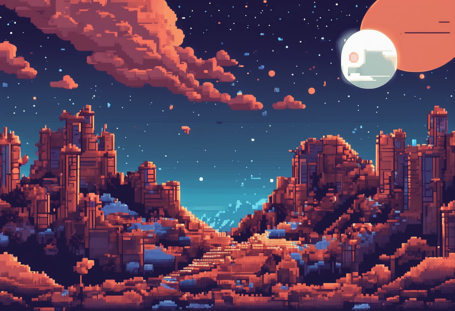 Pixel art of a huge moon in the dark, spoiled night sky, bela arte detalhada do pixel, pixel art detalhado, lo-fi retro videogame, Conceito PixelArt, arte detalhada do pixel, estilo pixel art, cidade de pixel, pixel art animation, pixel art de alta qualidade, starly sky, arte lowpoly cor super detalhada, com uma pequena fonte luz alaranjada no canto esquerdo, como se fosse uma fogueira #pixelarte:3, # pixelarte, #pixelarte
