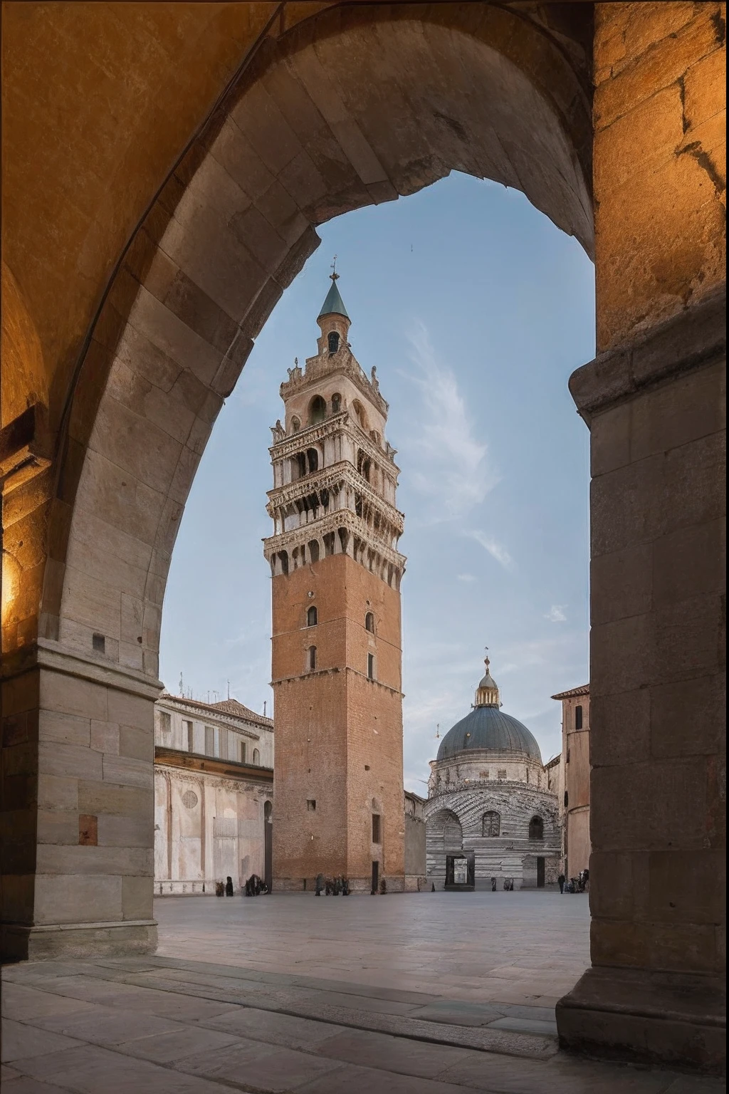 arafed view of a clock tower in a city with a sky background, replace the clock tower with that of piazza san marco in venice, by Alessandro Galli Bibiena, by Carlo Martini, dry archways and spires, medieval architecture, by Alfredo Volpi, by Francesco Raibolini, by Juergen von Huendeberg, inspired by Taddeo Gaddi, by Carlo Galli Bibiena, romanesque