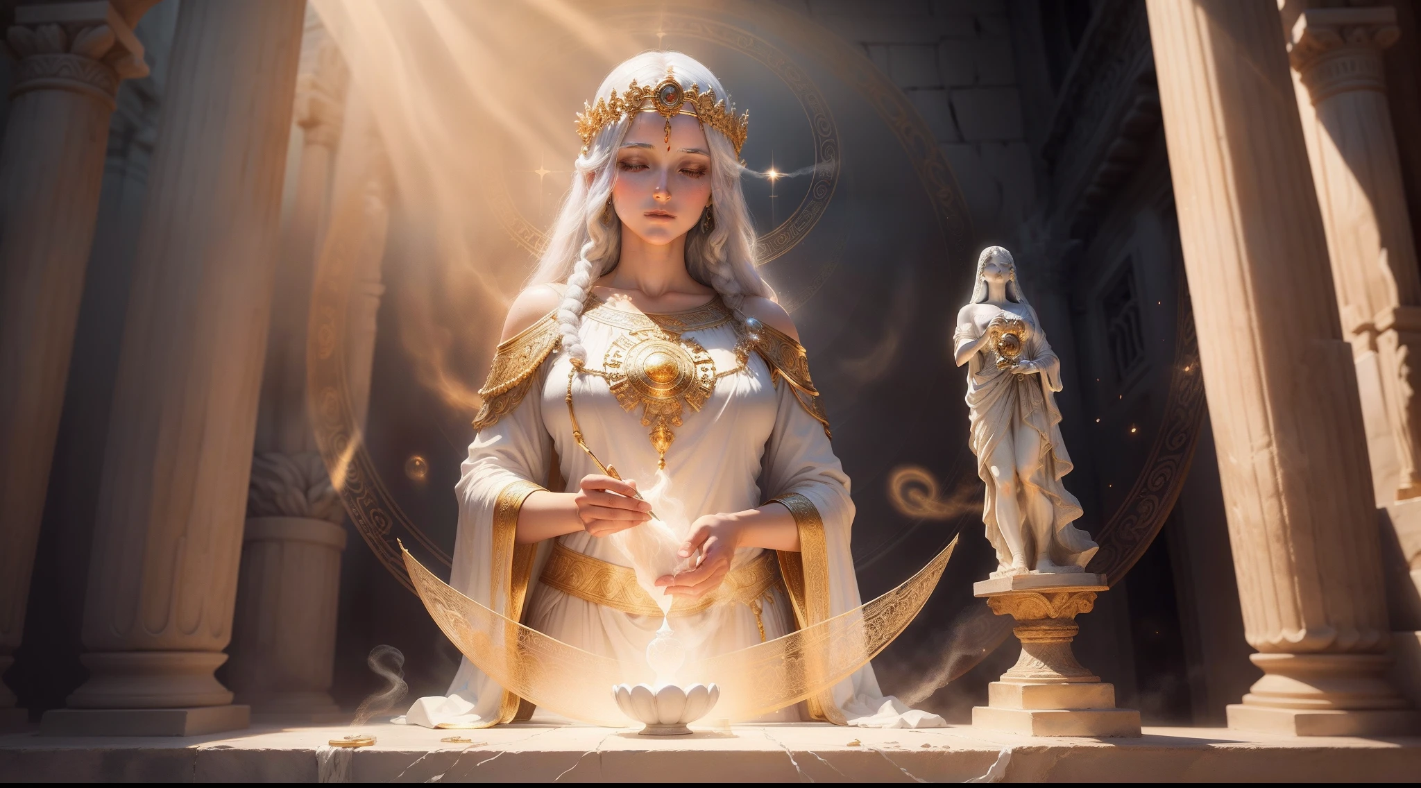 "Oracle of Delphi giving a mystical prophecy with divine clarity, ancient Greek artwork, ethereal atmosphere, detailed figurine of the Oracle, flowing white garments, mysterious gaze, golden sunlight casting soft shadows, sacred temple background, swirling incense, transcendent experience."