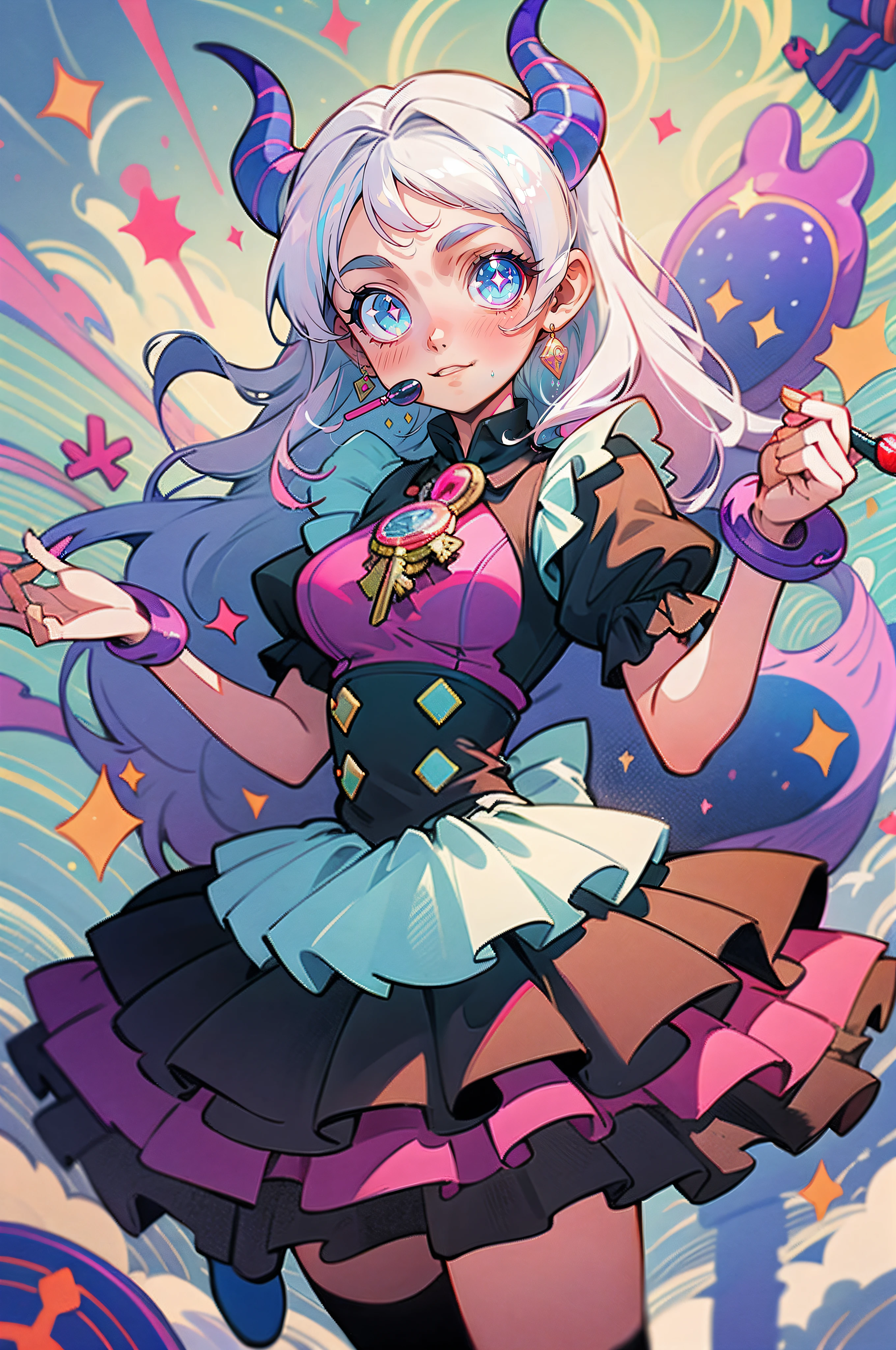 Girl in black and white dress, Pink tail, anime cat girl in a maid costume, style of magical girl, Small two-tone curls, fleshy feeling, sparkling magical girl, portrait of magical girl, anime girl in a maid costume, nyaruko-san, magical little girl, Splash art, Openwork maid costume, lollipop, Detailed key anime art, white hair, long hair,demon horns, demon wings , huge boobs
