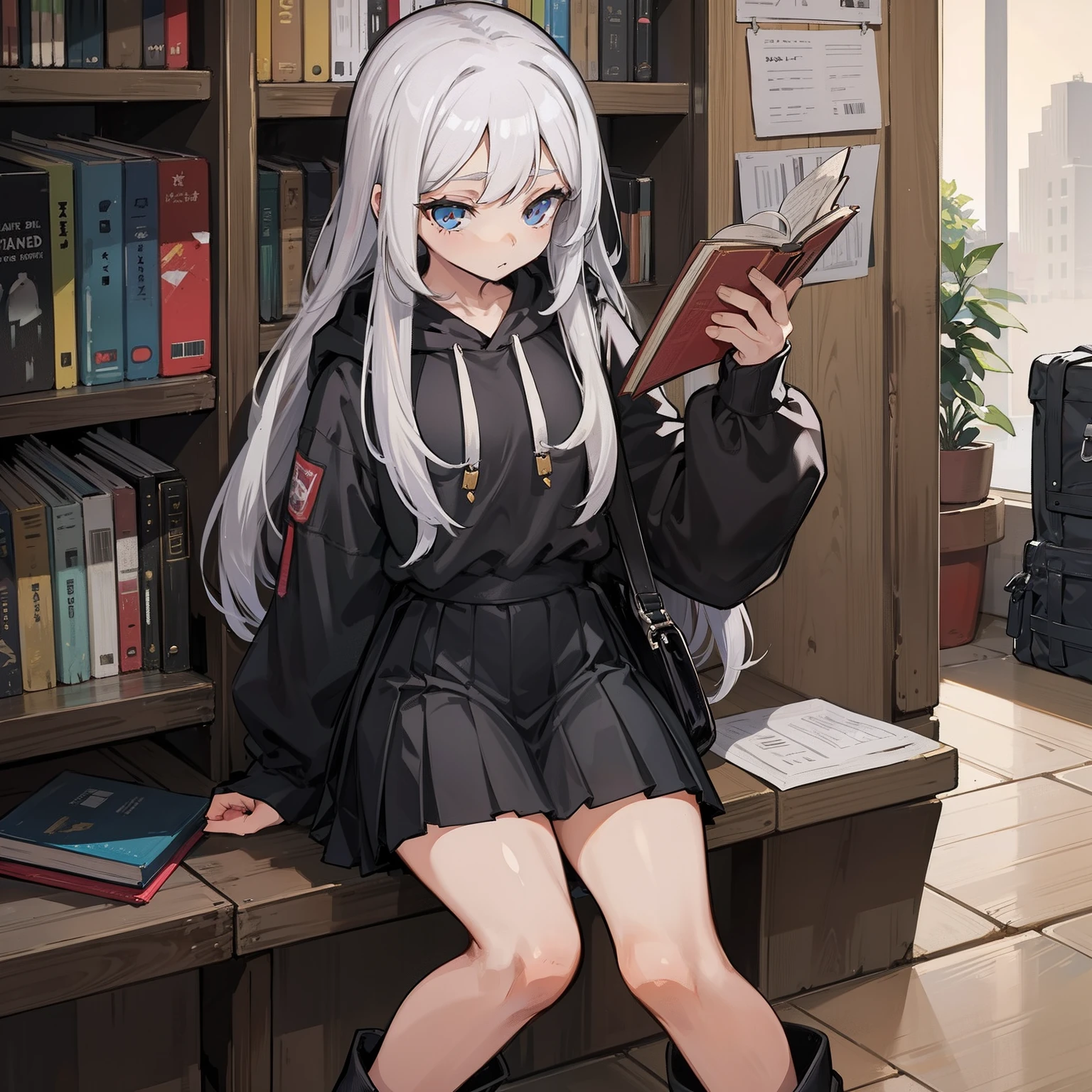 a young woman, looking at the camera close. She have white long hair, tired-looking eyes. She wears a black hoodie. Her attire is completed with a black pleated skirt and matching knee-high boots. She carries a messenger bag filled with books and notes.