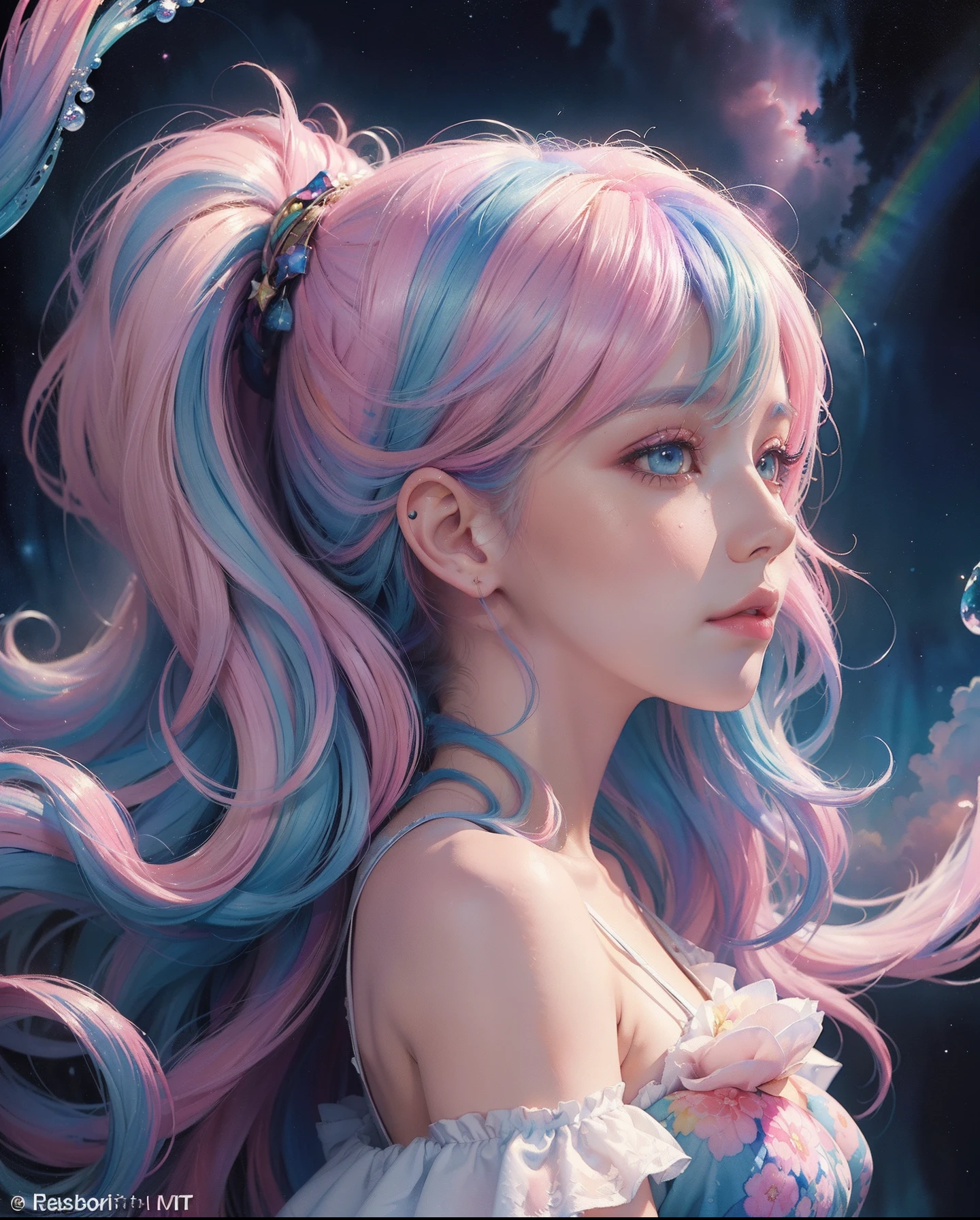 (masterpiece, top quality, best quality,watercolor (medium),official art, beautiful and aesthetic:1.2),(1girl:1.3), (fractal art:1.3),upper body, from side, looking at viewer,patterns,(rainbow color Hair,colorful hair,half blue and half pink hair:1.2),water,liquid, cloud,colorful, starry,stars,
