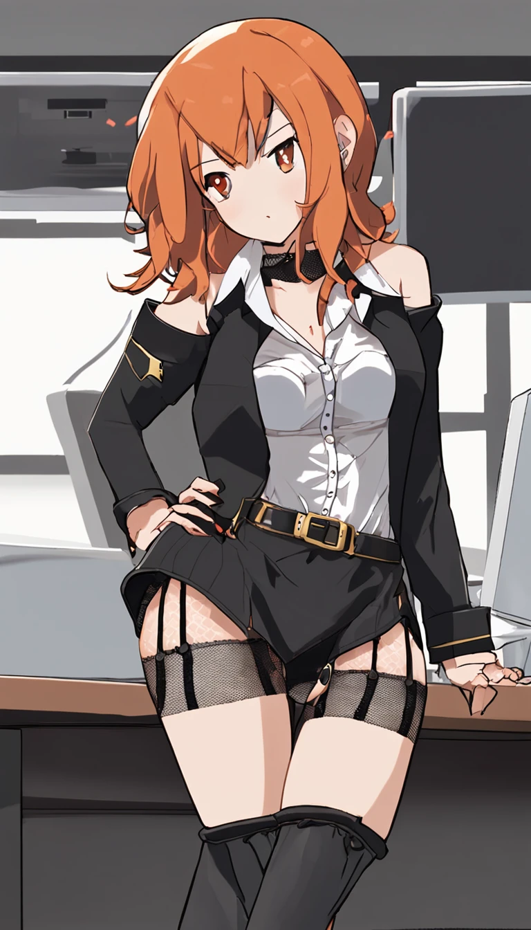 a girl (((naked)))(( whit short wavy orange hair)) dresses as a pirate ((in front a computer monitor typing at the keyboard)) ((( whit small breasts showing))) ((whit black collar around the nek)) ((with black panties and black fishnet stockings)),(whit black collar around the nek)) ((with black panties and black fishnet stockings))(and with pirate hat) ,(((with black mesh micro skirt )))((panties in sight))