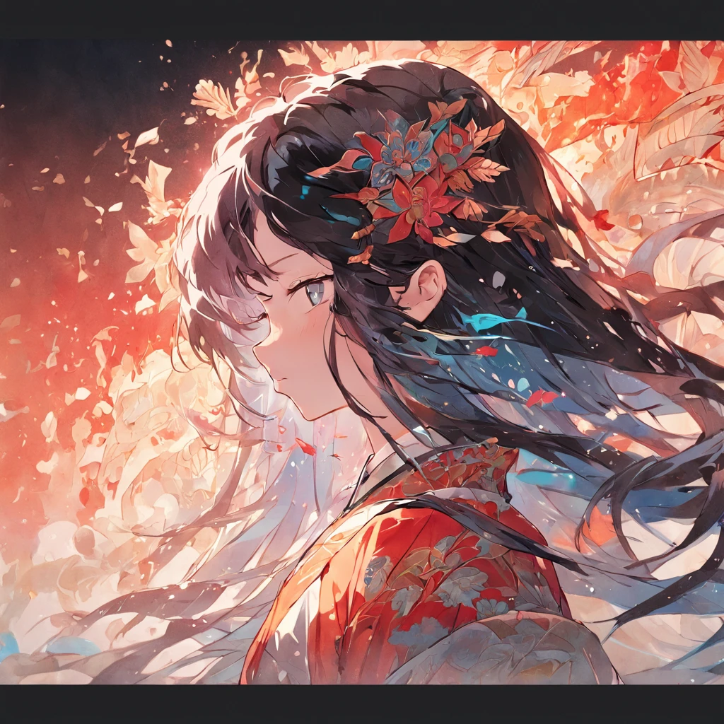 (White background:1.4),(Silhouette of a girl's head, Eyes closed, colorfull long hair, Oriental elements),(Chinese illustration:1.3,paper art:1.3, Quilted paper art:1.2),( reasonable design, Clear lines, High sharpness,Best quality, Very detailed, Masterpiece, movie light effect, 4K )