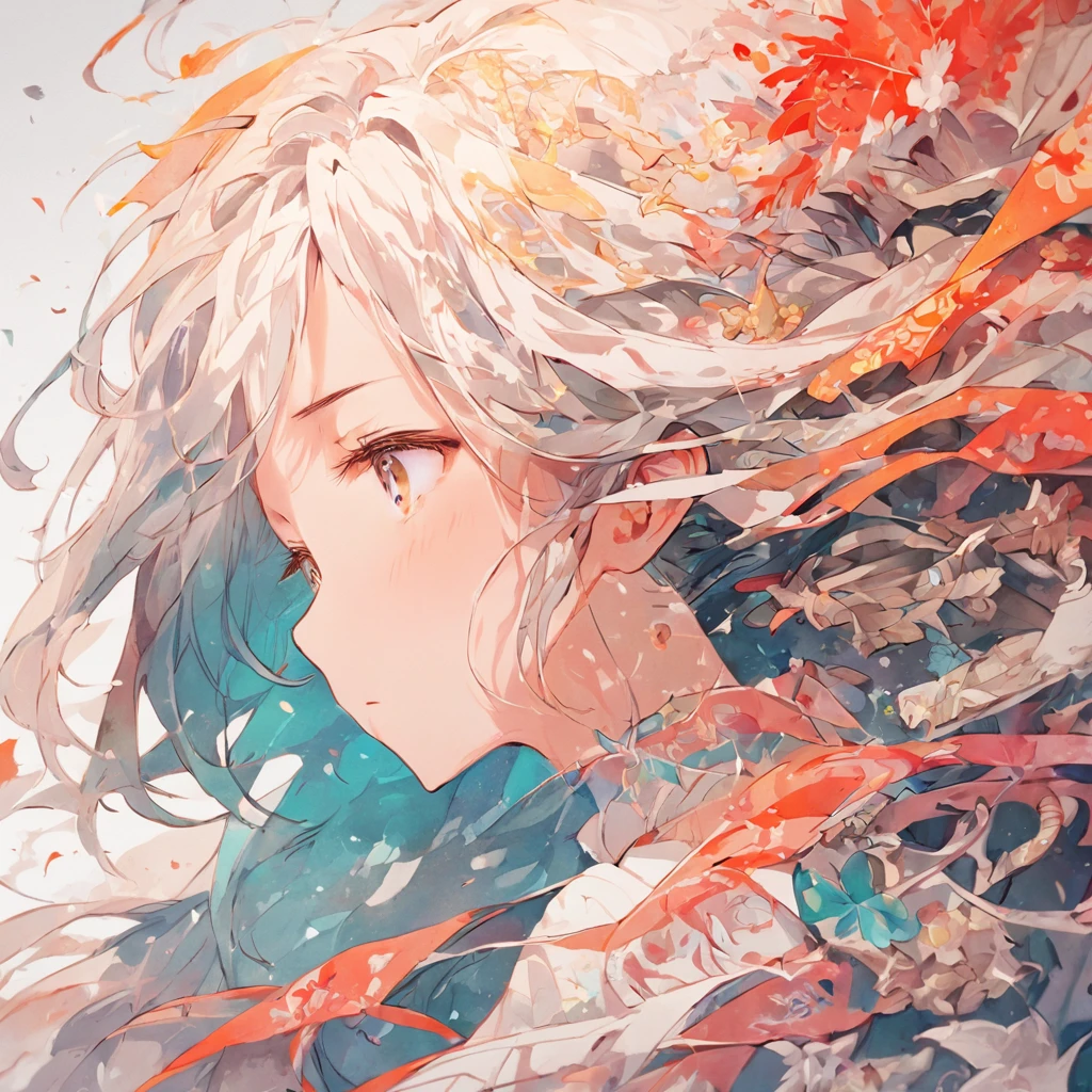(White background:1.4),(Silhouette of a girl's head, Eyes closed, colorfull long hair, Oriental elements),(Chinese illustration:1.3,paper art:1.3, Quilted paper art:1.2),( reasonable design, Clear lines, High sharpness,Best quality, Very detailed, Masterpiece, movie light effect, 4K )
