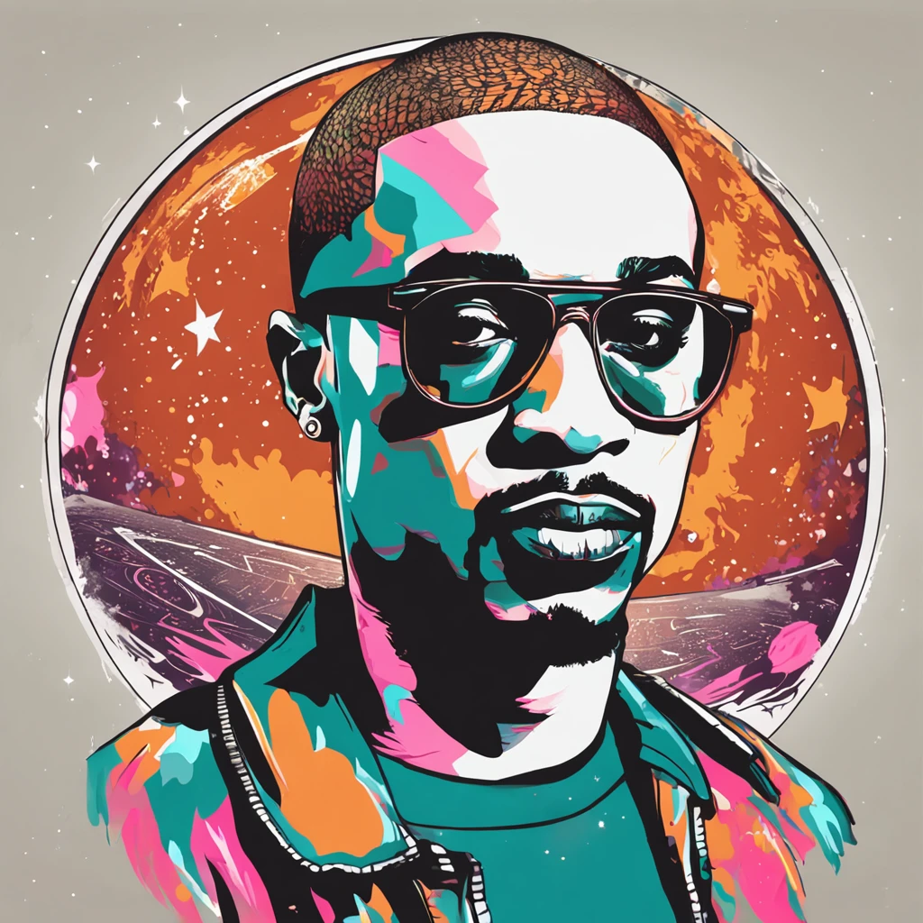 rapper tupac shakur in outer space with earth in background, color vector art, by Steve Prescott, conceptual art, sleek white, concert poster retro, 4k