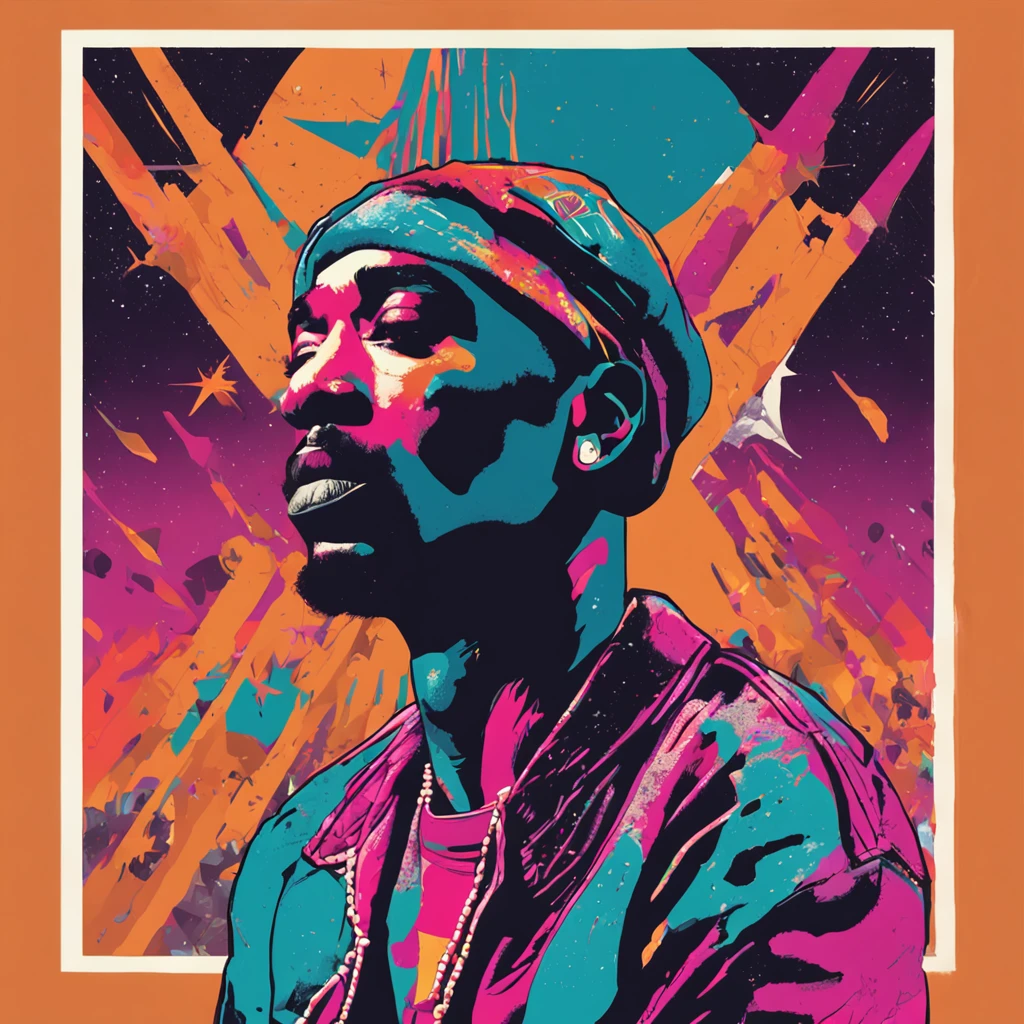 rapper tupac shakur in outer space with earth in background, color vector art, by Steve Prescott, conceptual art, sleek white, concert poster retro, 4k