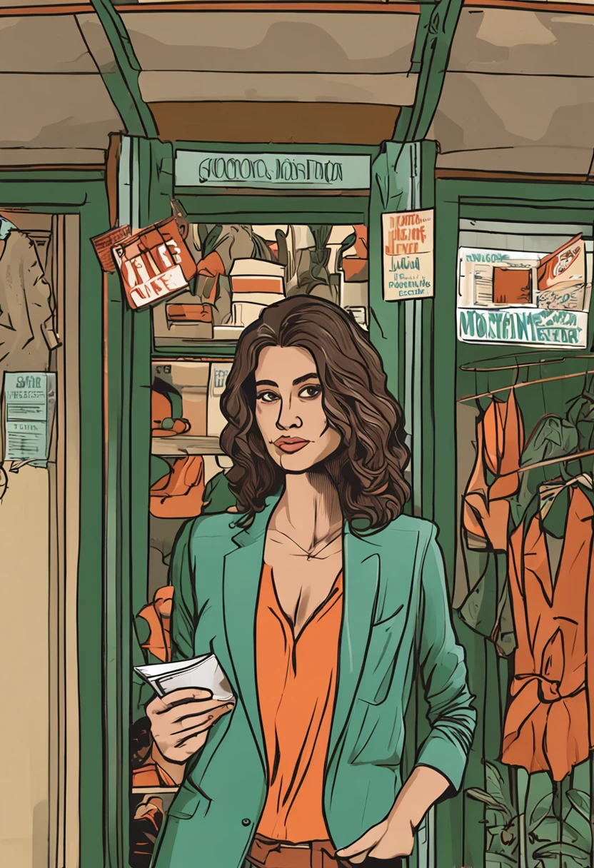 mulher, 25 anos, 175cm de altura, standingn, de frente, corpo inteiro, blazer cor verde musgo, colar de prata, parda, morena, persimmon-colored pants, sapato social preto, cabelo longo ondulado escuro, Nice, pose,