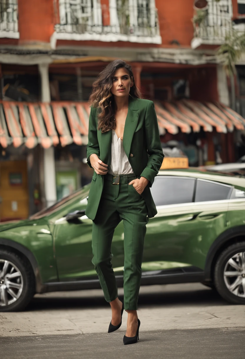 mulher, 25 anos, 175cm de altura, standingn, de frente, corpo inteiro, blazer cor verde musgo, colar de prata, parda, morena, persimmon-colored pants, sapato social preto, cabelo longo ondulado escuro, Nice, pose,