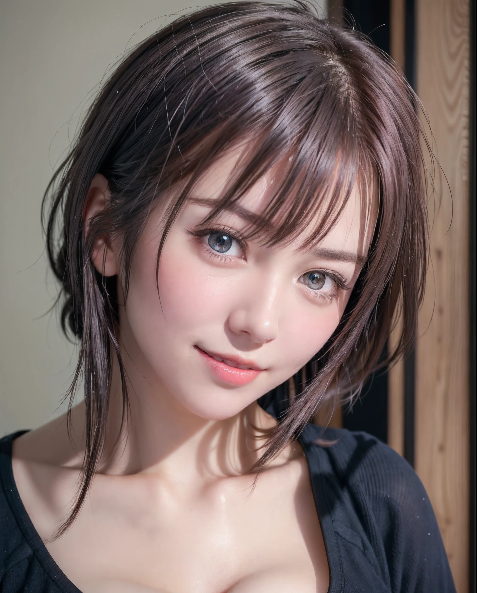 Top quality, ultra high resolution, (photorealistic: 1.4), beautiful eyes, super beautiful, short hair, beautiful breasts, lover, t-shirt with rough chest, eyes inviting viewer, lover's eyes, inviting facial expressions, sexy smile, perfect style, perfect balance, detailed skin, naughty eyes, chest visible
