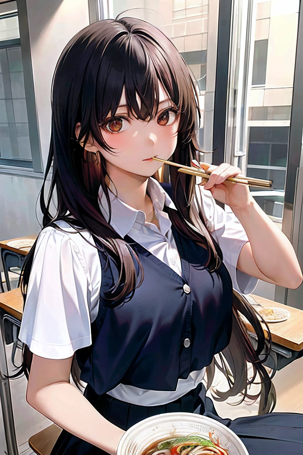 Masterpiece, top quality, (absurdity: 0.6), (Perfect Anatomy, One Beautiful Girl, Solo, Long Hair, School Uniform, Black Hair)), Table, Bowl holding a bowl with one hand, (A girl eating ramen with chopsticks in her hand), (Having a bowl of noodles in front of her: 1.3),