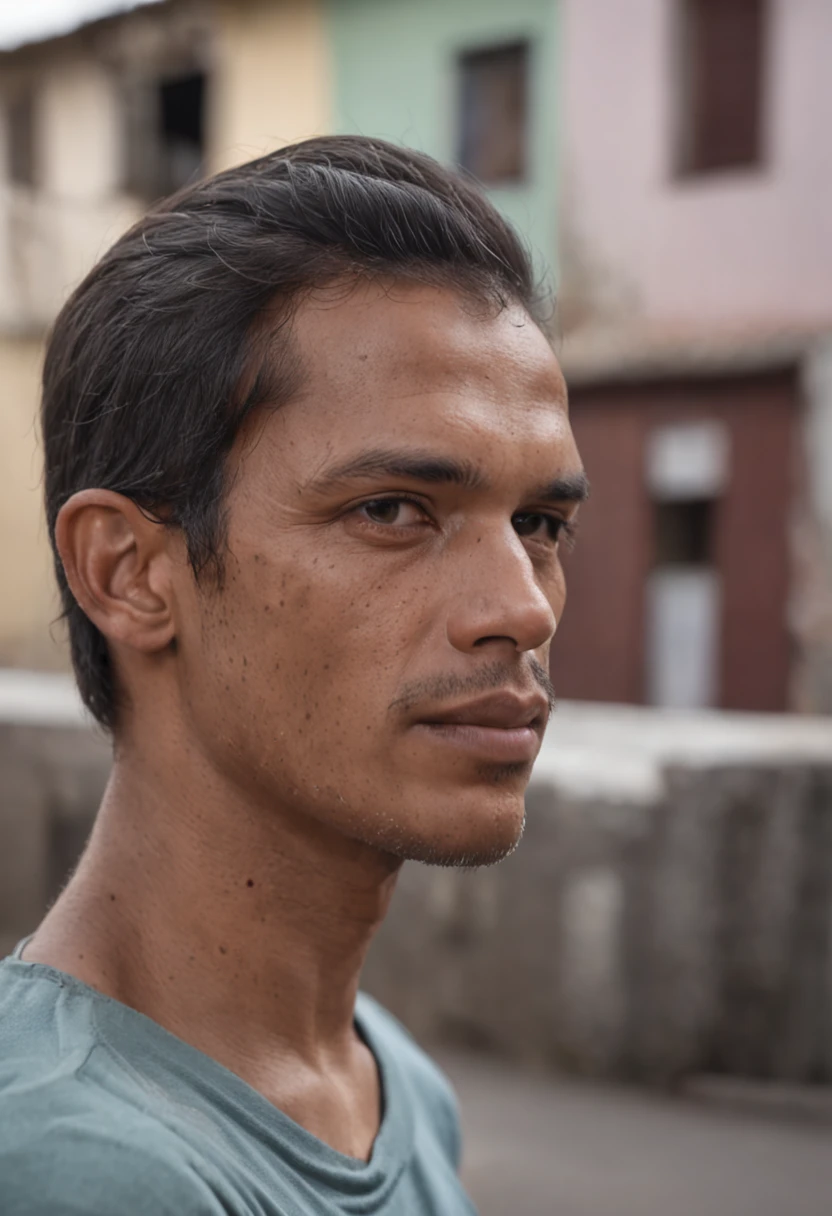 Homem na favela, rosto sofrdo, aparencia de pobre