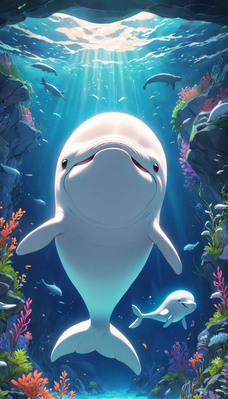 Smiling beluga whale on blue background，Green aquatic plants，Best Masterpiece，ultra intricately detailed，超高分辨率，fish flocks