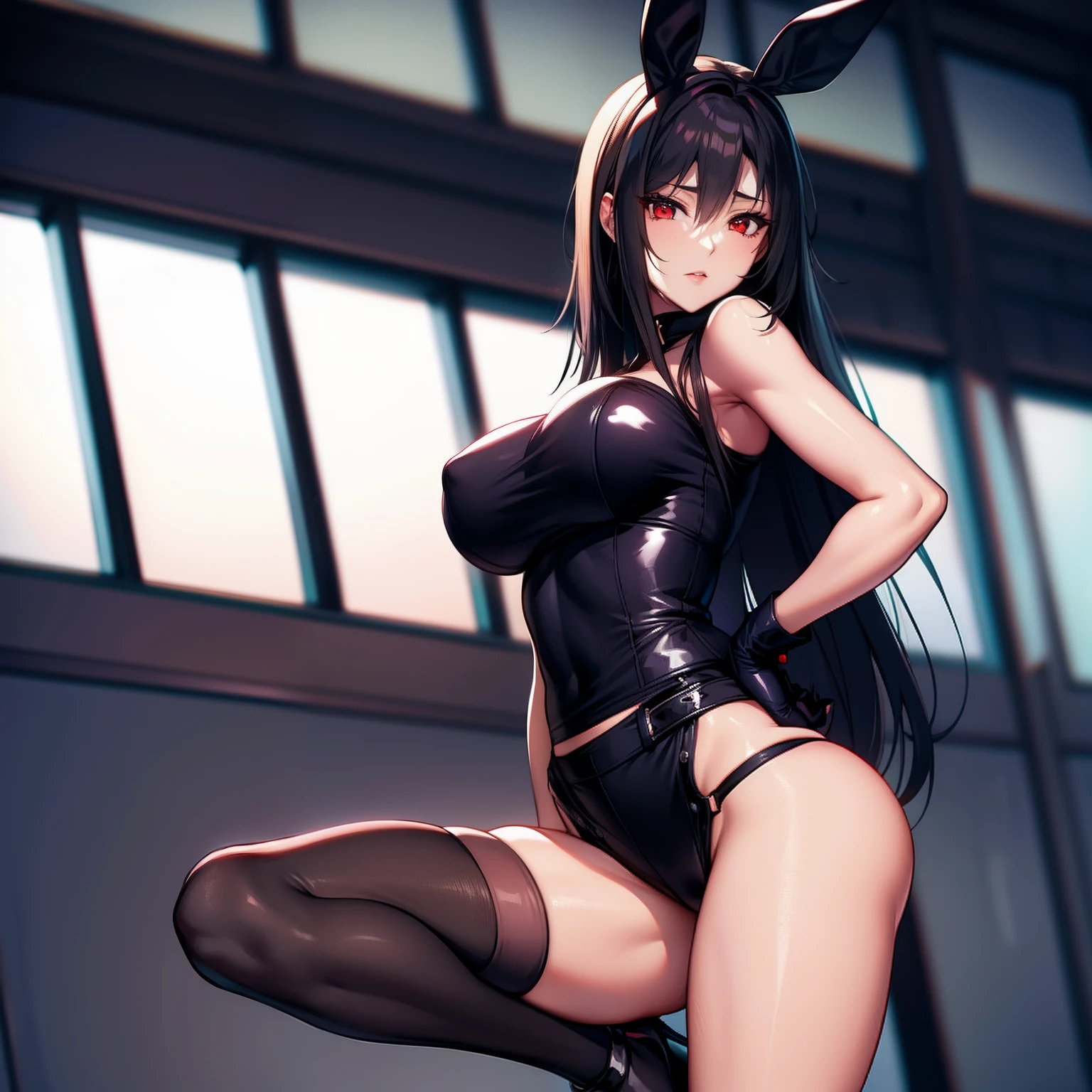 Tifa Lockhart、Black pantyhose、bunnygirl、Put your left hand on your hip、opening legs、high-heels