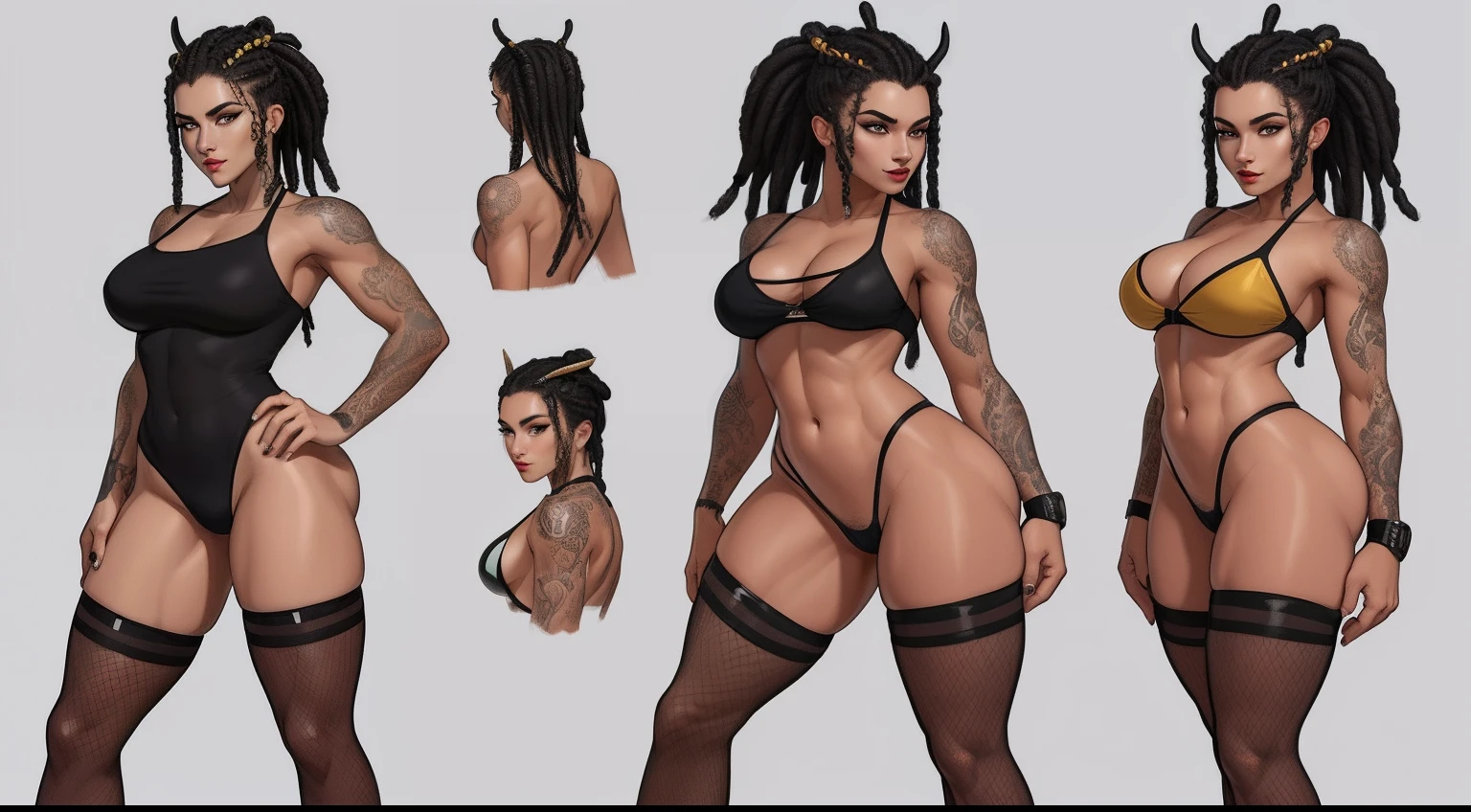 Uma mulher  Moreno, uma mulher bissexual, seios, e mulher sexy,  obra-prima, melhor qualidade, corpo inteiro,, olhos azuis, acabaram, bunda perfeita, pernas perfeitas, Perfect leg clearance, Calcinha Aberta Renda Preta, boca aberta, Fishnets, cena do distrito da luz vermelha, sexy position, detalhes intrincados, tatuagens, Windows, Accessories, brincos, Fishnets cabelo afro caindo para a frente, Rasta type but braided,  com belos seios corpo perfeito com , a wide thigh is beautiful a woman, com seios lindos corpo perfeito, uma coxa larga, is beautiful a destination with ,vario expression sexual pose, Erotic(estilo de arte em quadrinhos), (Soap-Committee on ArtStation estilo de arte), whole body view, tiro completo, Front view, backview, design de personagens, folha de caracteres, , desgaste casual, academia sombria, pele escura, black tight compression shirt, camisa de basquete entregando em seu quadril, loose grey mid-thigh length basketball shorts, mulheres amadurecidas, dreads pretos curtos, Golden and silver hair and body accessories, Tattoos on the arm, katana vermelha em suas costas, olhos cinzentos claros e azuis, Destaques fortes, Sharp contours, sharp shadows, 8k, alta qualidade, solid white background, (cell-shading).
