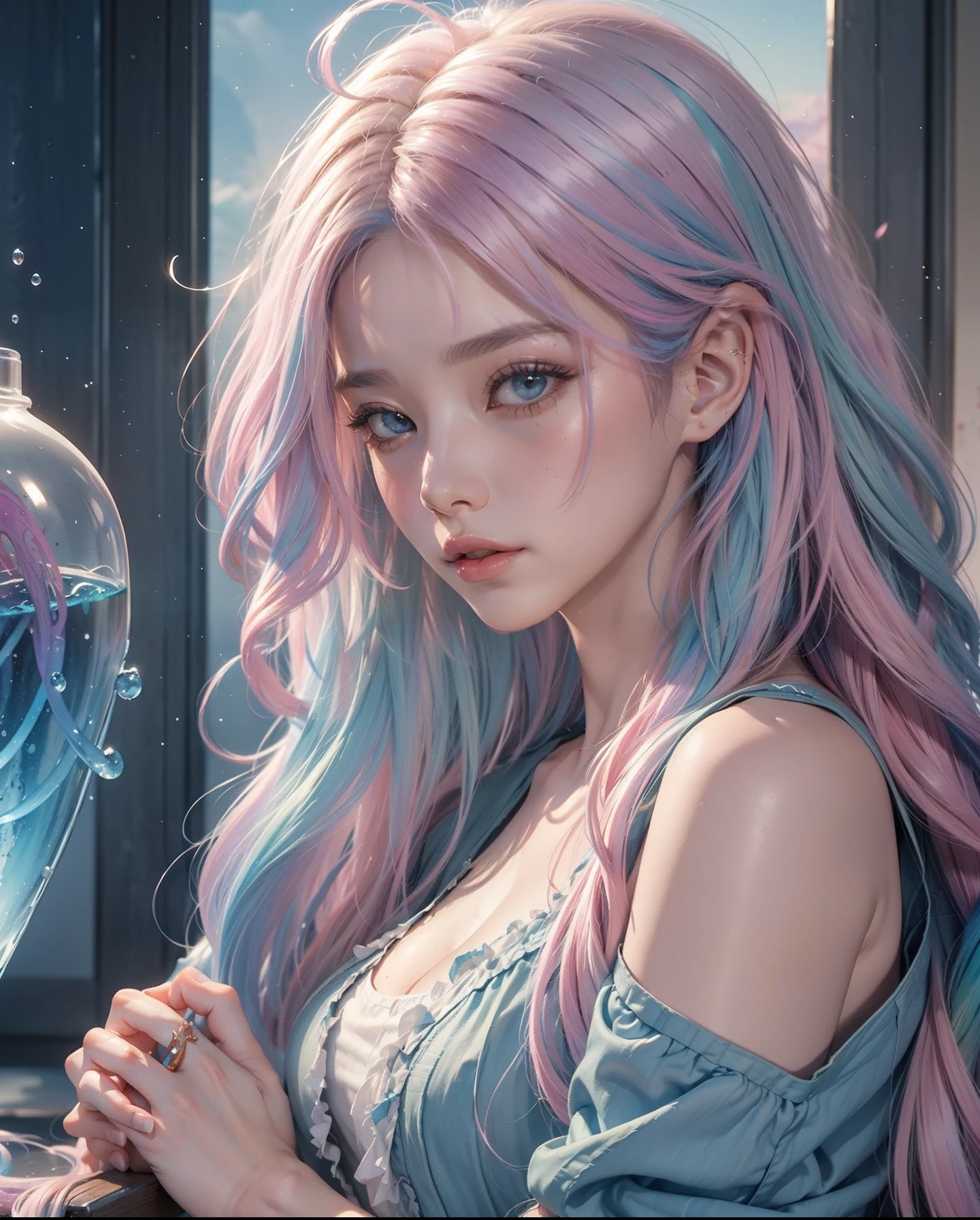 (masterpiece、top-quality、top-quality、watercolor paiting(Curly)、Official art、Beautifully Aesthetic:1.2)、(1girl in:1.3)、(Fractal Art:1.3)、The upper part of the body、From Side、looking at the viewers、patterns、(rainbow-colored hair、colourful hair、Half blue and half pink hair:1.2)、Eau、liquids、clouds、colourfull、starrysky、stele、high-heels、