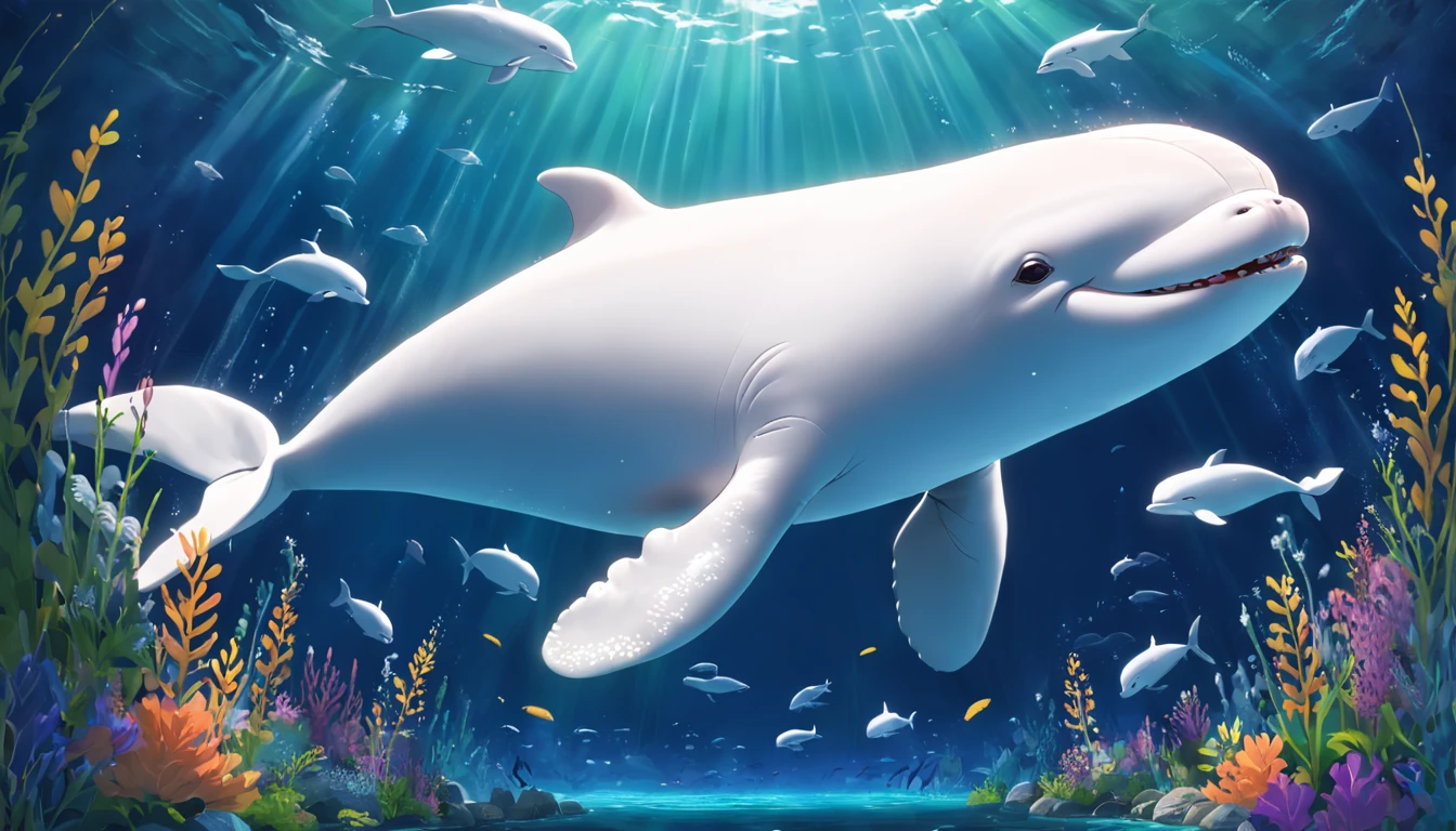 Smiling beluga whale on blue background,Green aquatic plants,Best Masterpiece,ultra intricately detailed,超高分辨率,fish flocks