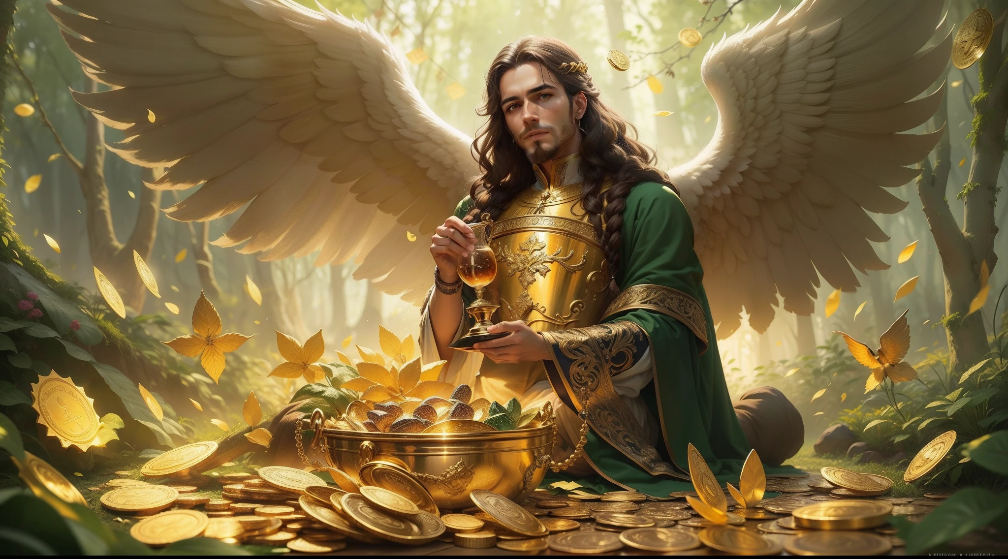 closeup do um lindo homem em forma de anjo, realista, perfect com asa grandes, religioso, Comportado, perfeito e realista, Roupas verdes e vermelhas, detalhes em ouro, Biblical garments, long hair with braids, sitting with a pot of gold in his hands, com asas grandes de ouro e coloridas, um jardim de trevos de 4 folhas, dinheiro, gold dollar siphon symbol, Background of gold pieces, chuva de ouro, Green money falling from the sky, loteria, realista, perfeito, sorteio de loteria, Lottery Grand Prize, The angel of abundance is also named as Abundia, arcanjo homem, abundia com uma cesta de ouro, ABUNDIA O ANJO DA FORTUNA, anjo da riqueza, arcanjo, jarros de ouro, muitas velas incandescentes