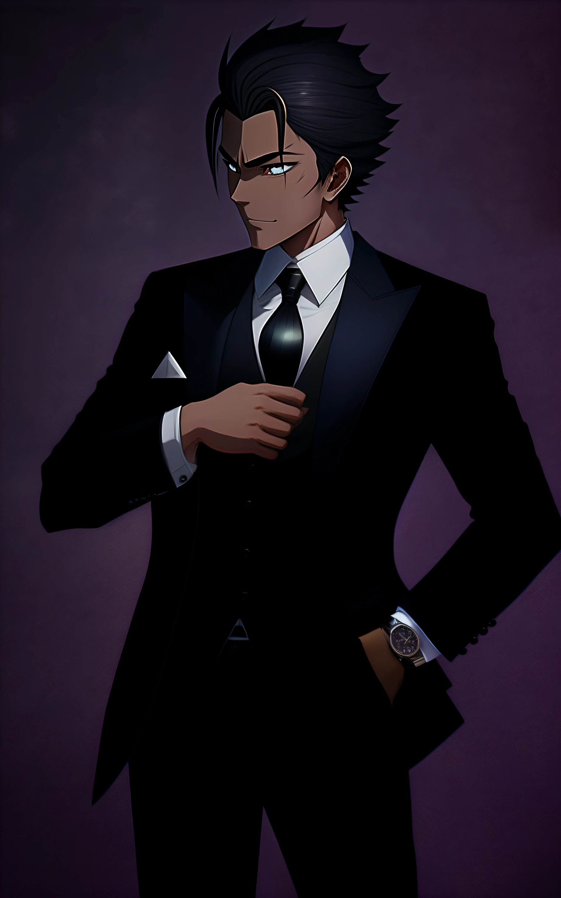 Anime character wearing a suit and tie as a watch, Eye color is golden,I am thanking you kindly to the front.,Handsome Anime Pose, in a strict suit, in a strict suit, epic and classy portrait, Wearing a strict business suit, Dark suit, in his suit, inspired by Masanobu Okumura, beautiful androgynous prince, stylized portrait formal pose, Dressed in a suit, wearing a black noble suit