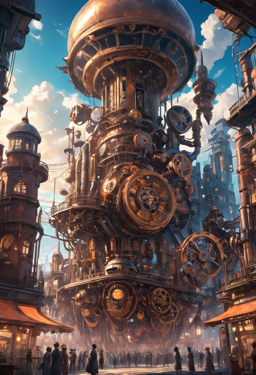 color photo of a mesmerizing hybrid world that blends the elements of steelpunk and steampunk aesthetics. The scene unveils a captivating realm where futuristic technology and Victorian-era machinery coexist in perfect harmony. The landscape is adorned with towering skyscrapers constructed of gleaming steel, their imposing structures reaching towards the heavens. Intricate gears, cogs, and steam-powered contraptions adorn the cityscape, revealing the intricate craftsmanship of the steampunk era