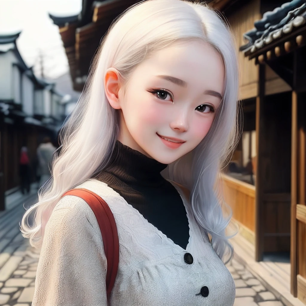 (((top-quality))),(((ultra-detailliert))),masterpiece,(((realisitic))),(((Photo Real))),Russian、1Man Woman、Beautiful silver hair、Natural light、smooth lips、small nose、((no-makeup))、(((Cute beautiful perfect face at 18 years old)))、large full breasts、Cute poses 、(kindly smile)、((Detailed face)), ((Detailed upper body)), (finely detailed skin), pale skin,(cold color)、(Best Quality) ,A walk in Gion、((blured background))