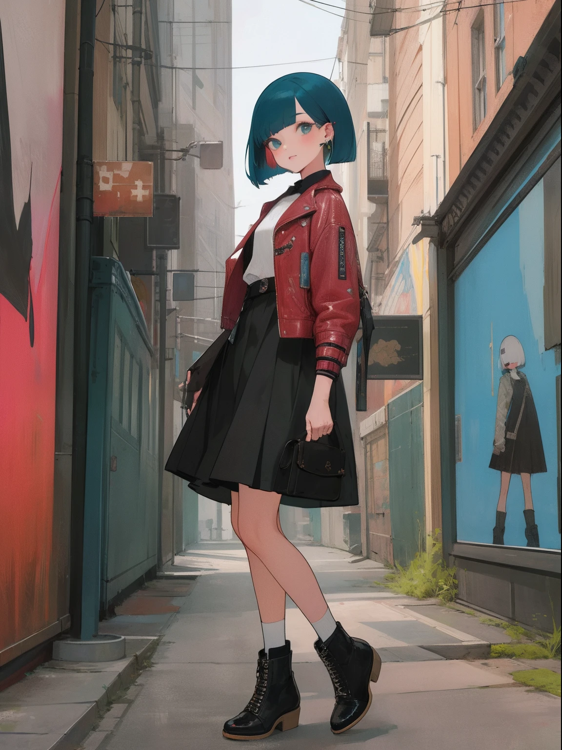 masterpiece, top-quality, 1girl in, Historical Background: modern urban、country: Urban art scene、hairstyle on: Art color hair with bob cut、garments: Artistic skirts and leather jackets、shoe: Artistic heels、accessorized: Art Piece Earrings。