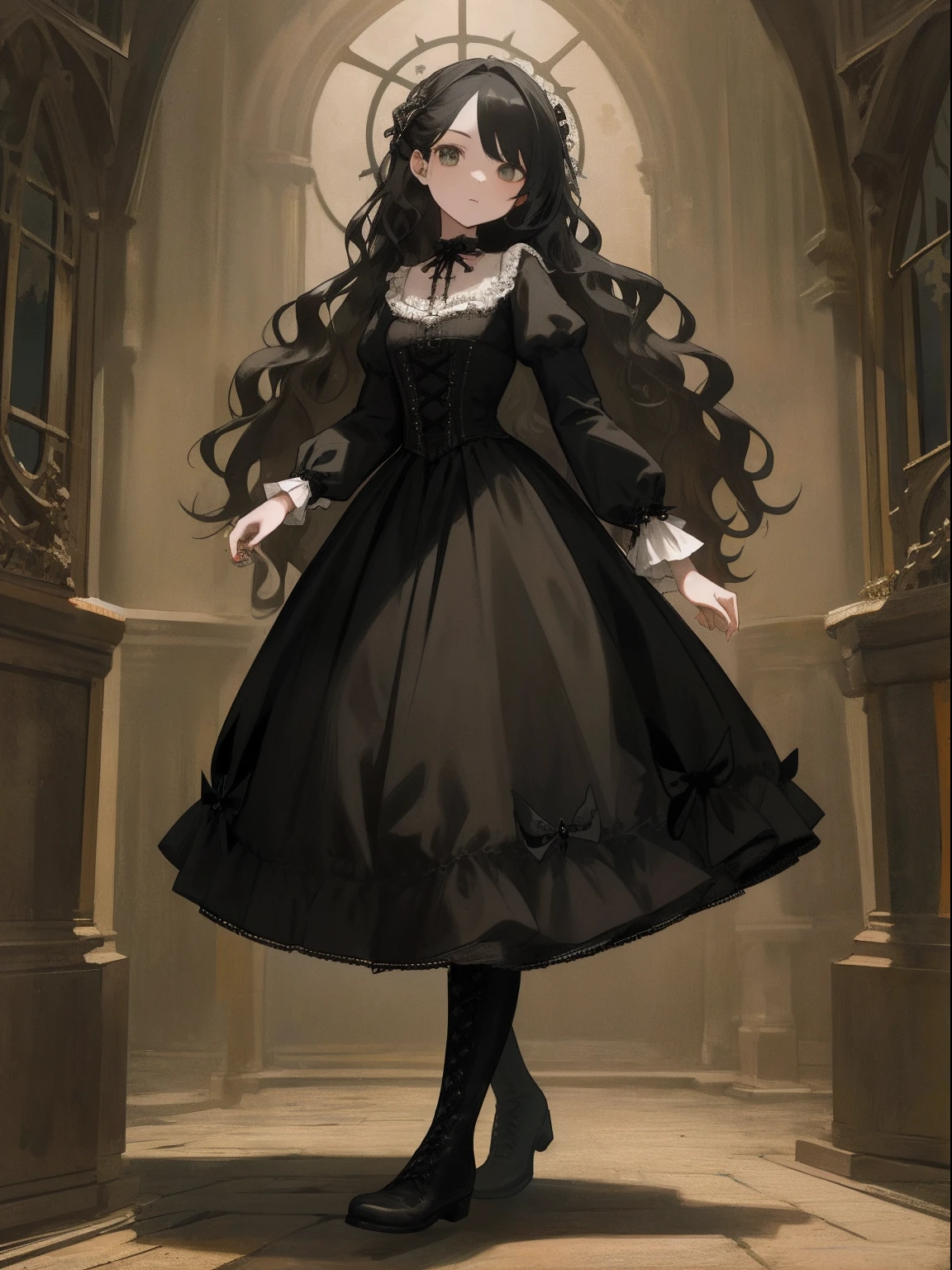 masterpiece, top-quality, 1girl in, The upper part of the body, Historical Background: World of Gothic Horror、hairstyle on: Long, wavy hair、garments: Gothic dresses and corsets、shoe: Victorian Boots、accessorized: Bat pendant。