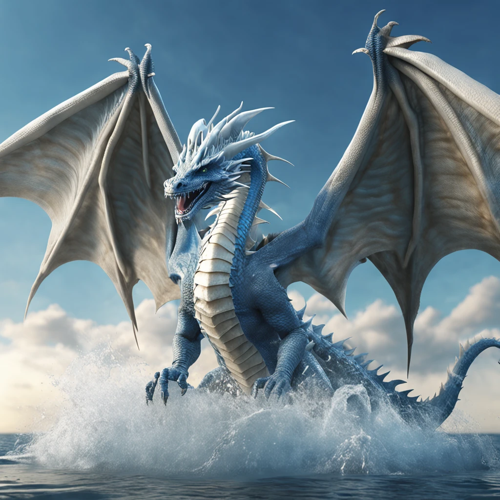 Blue eyes white dragon from Yu-Gi-Oh, blue eyes, flying in the sky above sea water, perfect composition, beautiful detailed intricate insanely detailed octane render trending on artstation, 8 k artistic photography, photorealistic concept art, soft natural volumetric cinematic perfect light, chiaroscuro, award - winning photograph, masterpiece, oil on canvas, raphael, caravaggio, greg rutkowski, beeple, beksinski, giger