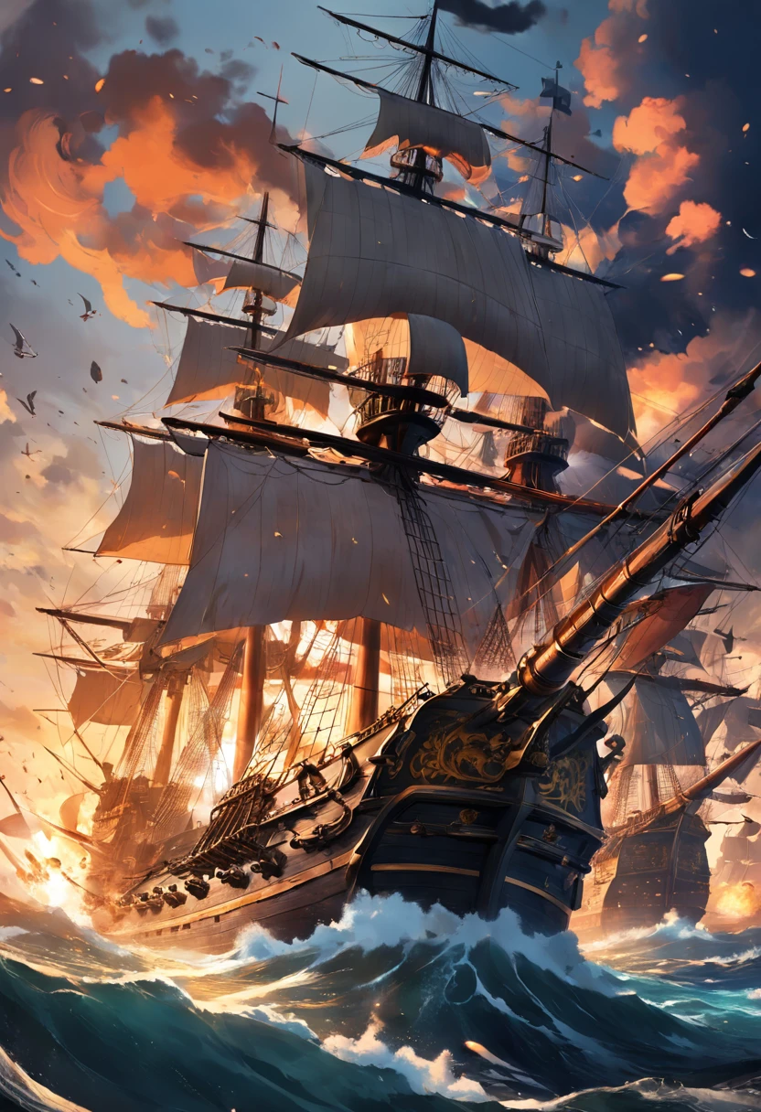 color photo of a tumultuous battle taking place on the high seas, featuring ships from different eras engaged in a fierce naval conflict. The scene is a chaotic symphony of billowing sails, roaring cannons, and crashing waves. A majestic, golden-age galleon clashes with a sleek, modern warship, their cannons firing in a display of power and determination.