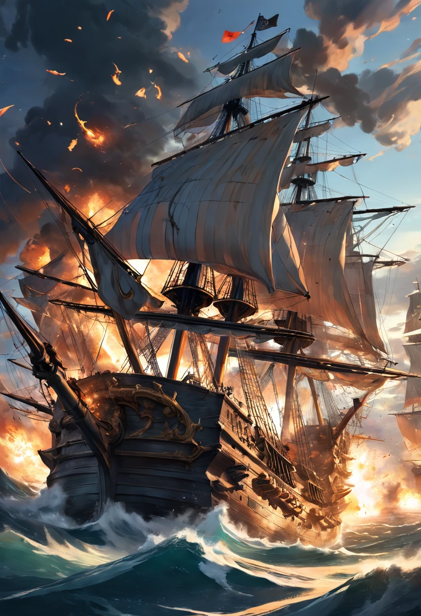 color photo of a tumultuous battle taking place on the high seas, featuring ships from different eras engaged in a fierce naval conflict. The scene is a chaotic symphony of billowing sails, roaring cannons, and crashing waves. A majestic, golden-age galleon clashes with a sleek, modern warship, their cannons firing in a display of power and determination.