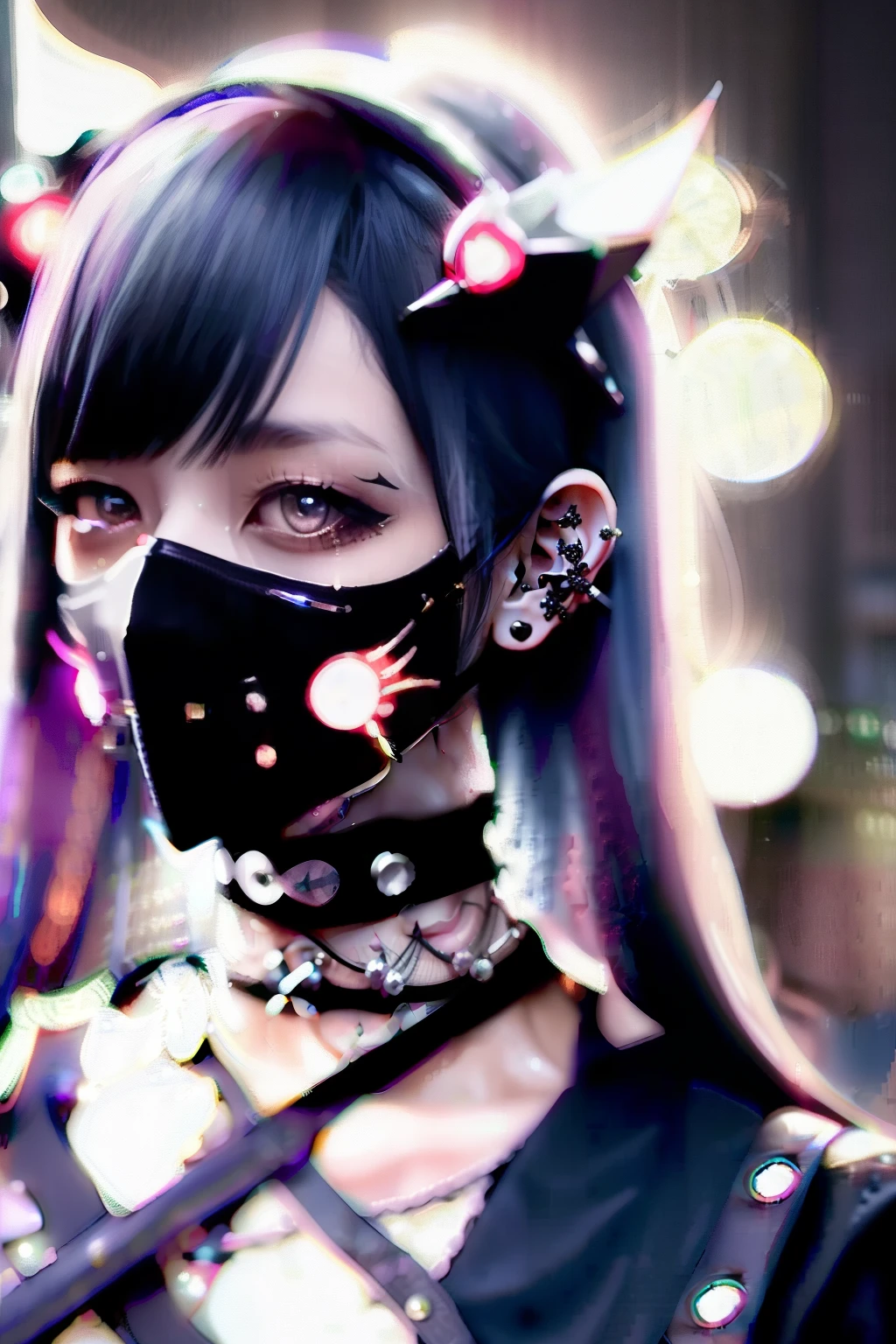 white hair、blue hairs、Colorful hair color、goth_punk, 1girl in, solo, medium shot, Walking in Harajuku, ((during night)), bokeh dof, Neon light, Iridescent eyes, starrysky, White shiny hair, White eyebrows, Radiant hair, (iridescent white hair), earrings, bangss, jewely, masks, bluntbangs, verd s eyes, Mouth mask, blurry backround, bblurry, hair adornments, Look at viewers, shorth hair, portraitures, side locks