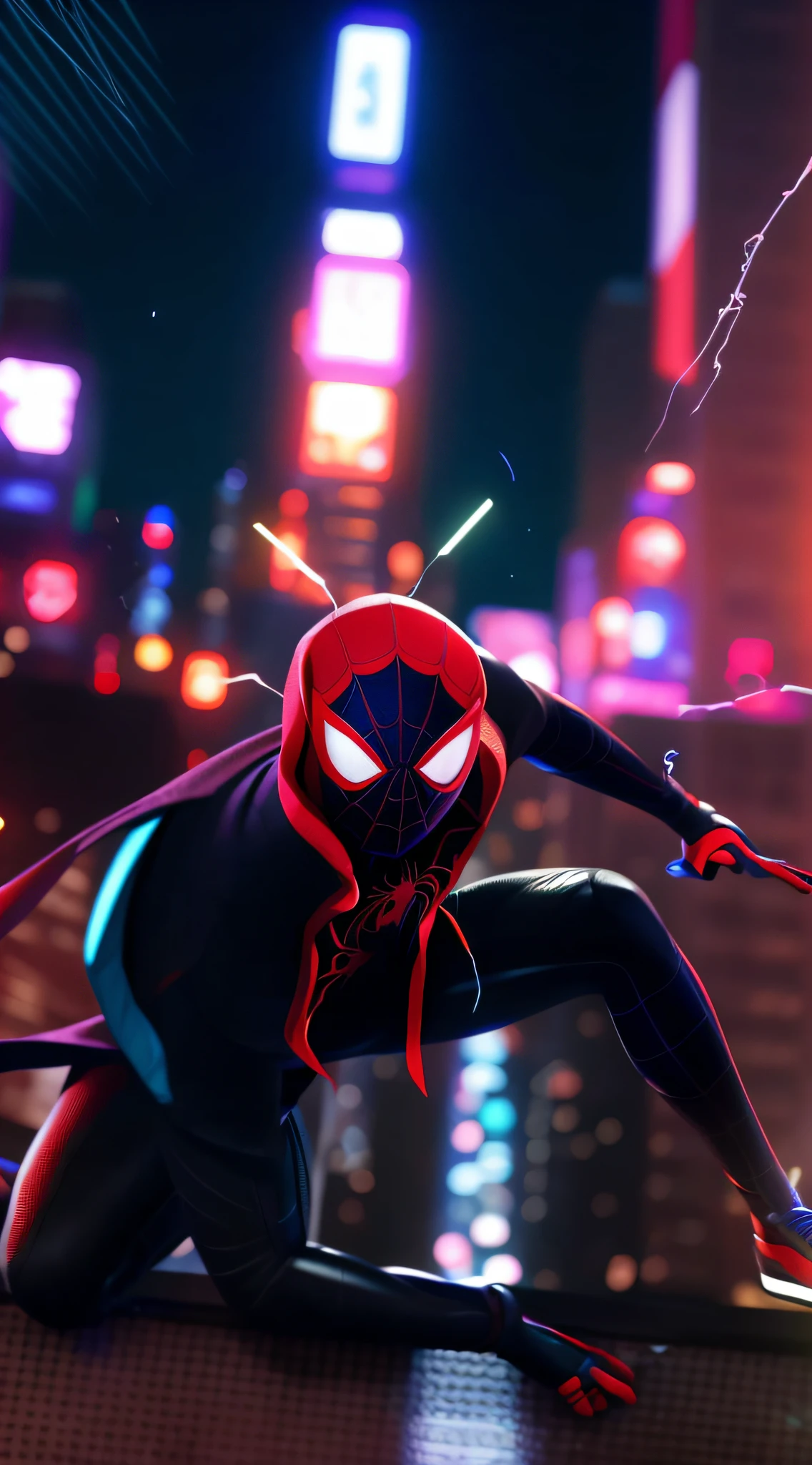 Spider - Man enters the spider universe by on Devie, into the spiderverse, into the spider verse, Spider - poetry art style, miles morales!!!, miles morales, spiderverse, hero pose colorful city lighting, futuristic style spiderman, Vibrant fan art, donald glover as miles morales, Avatar image, Spider-Man, spider - man, Spidey, author:Eddie Mendoza