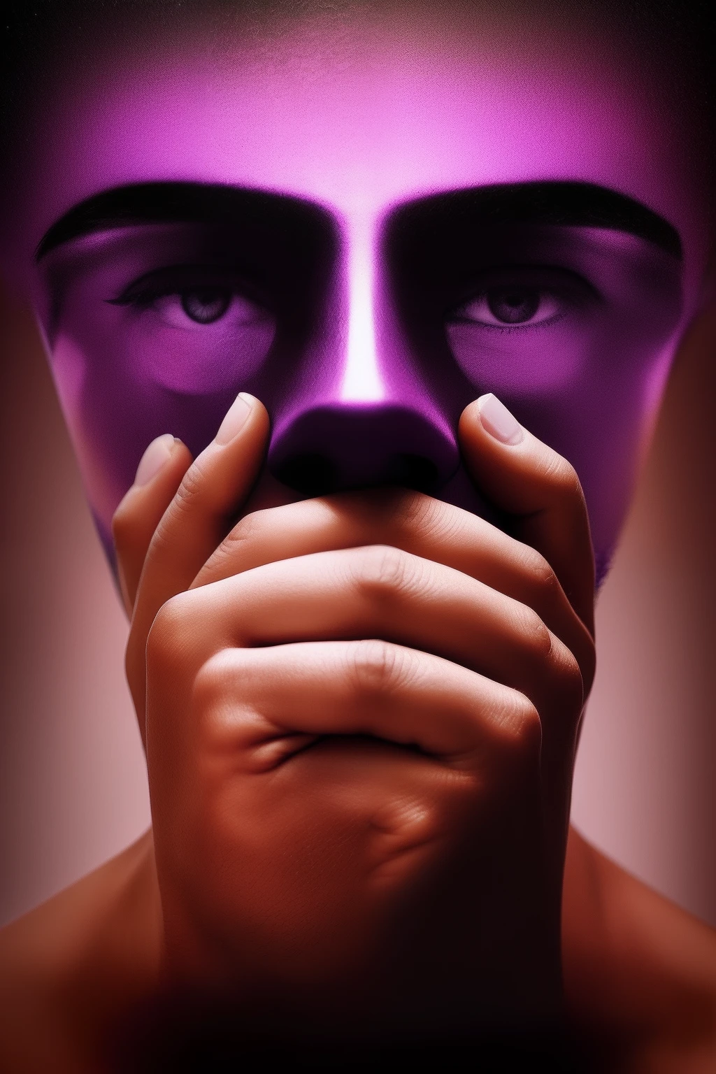 homem com rosto borrado, blurry face, foto distorcida, hands shielding face, fotografia desfocada, imagem inquietante, imagem desfocada, rosto obscurecido, medo ansiedade terror, foco desfocado, efeito pinhole, 2d, estilo desenho animado, purple and sepia