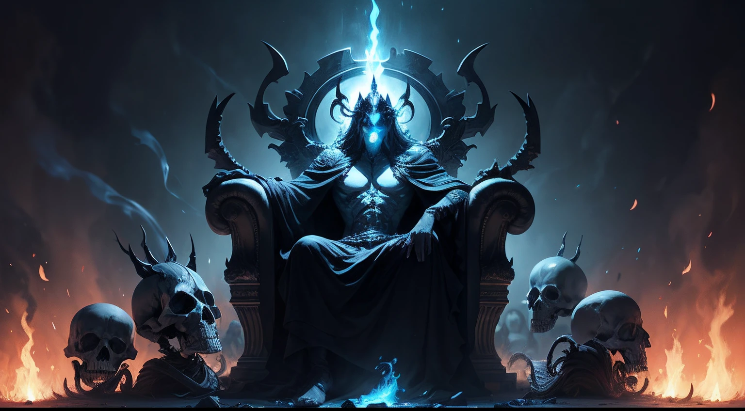 Uma imagem sombria e sinistra de Hades, o deus do submundo, governando sobre as almas dos mortos. He is sitting on his throne of bones and shadows, surrounded by blue flames and anguished spirits. O rio Estige flui ao seu lado, creating an environment of mystery and awe.