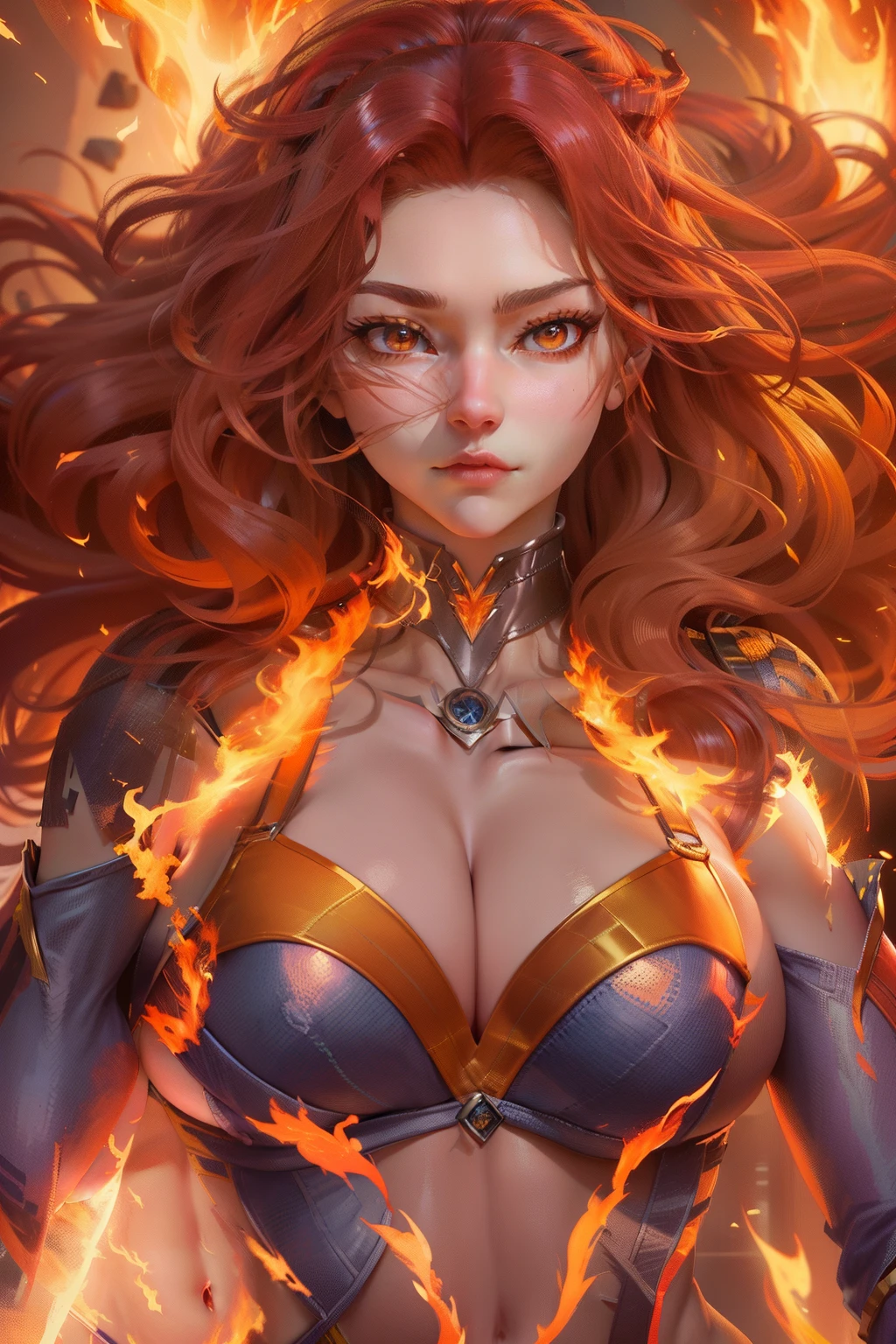 Phoenix (Jean Grey:X-Men) full body, New York City in Time Square, realistically highlighted with realistic fire, including bursts of flame, glowing hot embers, subtle curls of smoke, and a beautiful fire druid. Her face is expertly sculpted, with elegant and refined features and perfect shading and realistic skin texture. Her (orange and gold eyes), (Her extremely detailed eyes, beautiful detailed eyes, and macro).
(Ultra Quality, Masterpiece, Ethereal: 1.4) ((Best Quality, Masterpiece)), ultra-detailed, high resolution, realistic CG rendering, dynamic pose, beautiful face,(gray jean:X-Men), Glowing Aura, bright eyes, red hair, full body shot, full of action, intense energy, dramatic background. firebird in the background, Nagatiti, (huge breasts:1.6), (hanging breasts: 1.5), (disproportionate breasts: 1.4), (realism:1.2), (realisitc:1.2), (absurd:1.4), 8k, ultra -Detailed, detailed pretty face,(alone:1.4), 1girl, (Facing Viewer:1.2), Intricate body details, (Curvy:1.3),(bikini:1.3)