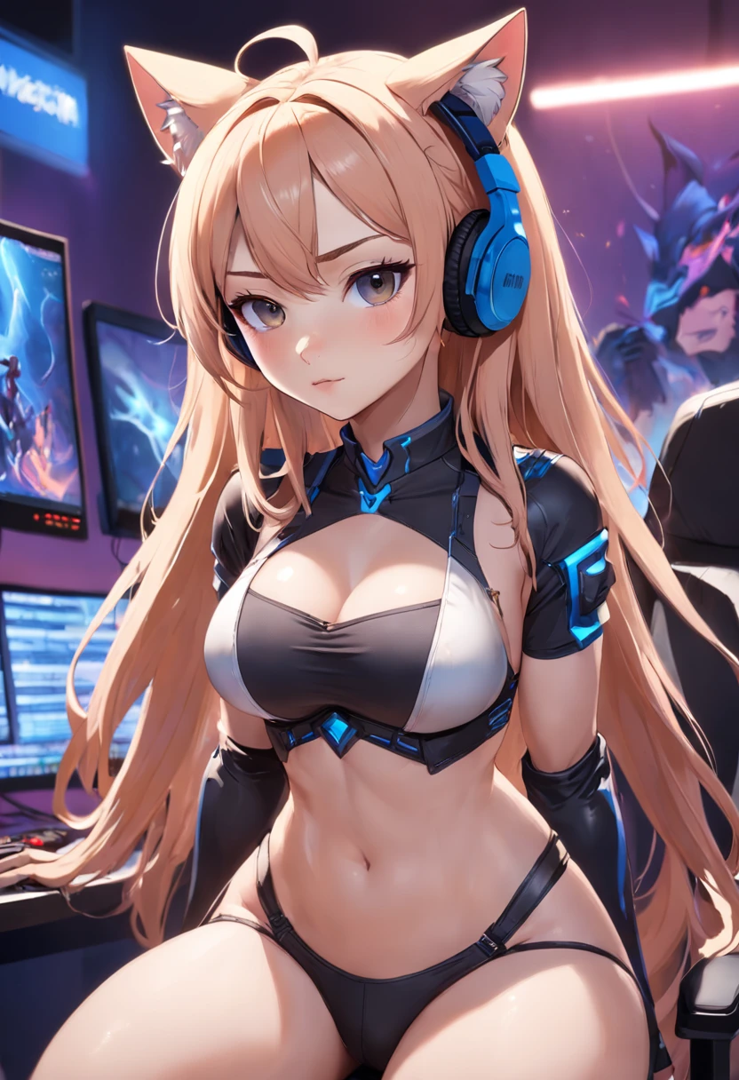 color photo of "garota gamer provocante, sexy, com headset gatinho, perto do seu pc gamer" shot, showcasing a sultry and confident expression on her face, with her lips slightly parted in a playful manner. Her long, flowing hair cascades down her shoulders, adding to her allure. She is dressed in a form-fitting, revealing gaming outfit that accentuates her curves, with a hint of seductiveness. The headset with cute cat ears adds a touch of playfulness to her overall look. The lighting emphasizes her features, casting alluring shadows on her face and highlighting the curves of her body. In the background, her PC gamer setup is visible, with vibrant RGB lighting illuminating the room. The atmosphere is a mix of sensuality and intensity, creating a captivating and intriguing mood. The composition of the photo draws attention to her as the focal point, making her the center of attention. The camera captures the perfect angle to showcase her confidence and sexiness. The colors are vibrant, with a slight saturation that enhances the overall aesthetic. The photo is shot with a high-quality camera, using a wide aperture lens to create a shallow depth of field, resulting in a beautifully blurred background that adds to the allure of the scene.