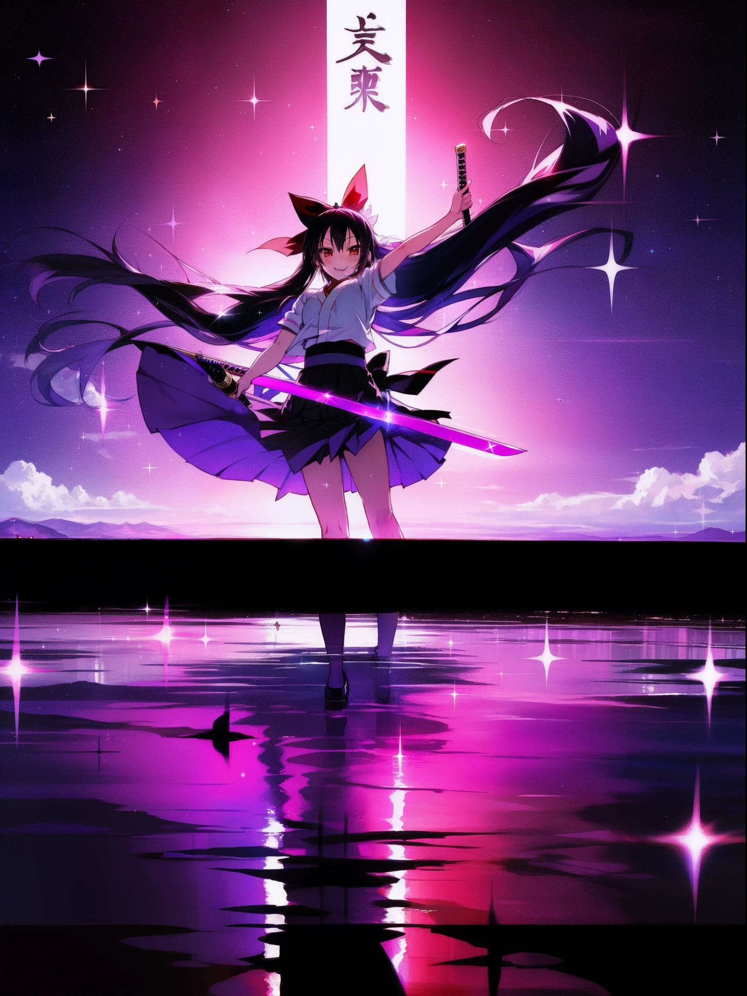 hightquality, Top image quality, one girls, komono, skirt by the, length hair, Kurokami sword, kindly smile, Eau, sparkle