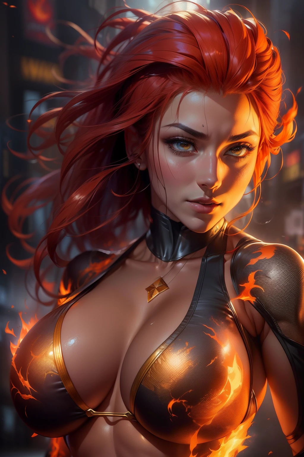 Phoenix (Jean Grey:X-Men) full body, New York City in Time Square, realistically highlighted with realistic fire, including bursts of flame, glowing hot embers, subtle curls of smoke, and a beautiful fire druid. Her face is expertly sculpted, with elegant and refined features and perfect shading and realistic skin texture. Her (orange and gold eyes), (Her extremely detailed eyes, beautiful detailed eyes, and macro).
(Ultra Quality, Masterpiece, Ethereal: 1.4) ((Best Quality, Masterpiece)), ultra-detailed, high resolution, realistic CG rendering, dynamic pose, beautiful face,(gray jean:X-Men), Glowing Aura, bright eyes, red hair, full body shot, full of action, intense energy, dramatic background. firebird in the background, Nagatiti, (huge breasts:1.6), (hanging breasts: 1.5), (disproportionate breasts: 1.4), (realism:1.2), (realisitc:1.2), (absurd:1.4), 8k, ultra -Detailed, detailed pretty face,(alone:1.4), 1girl, (Facing Viewer:1.2), Intricate body details, (Curvy:1.3),(bikini:1.3)
