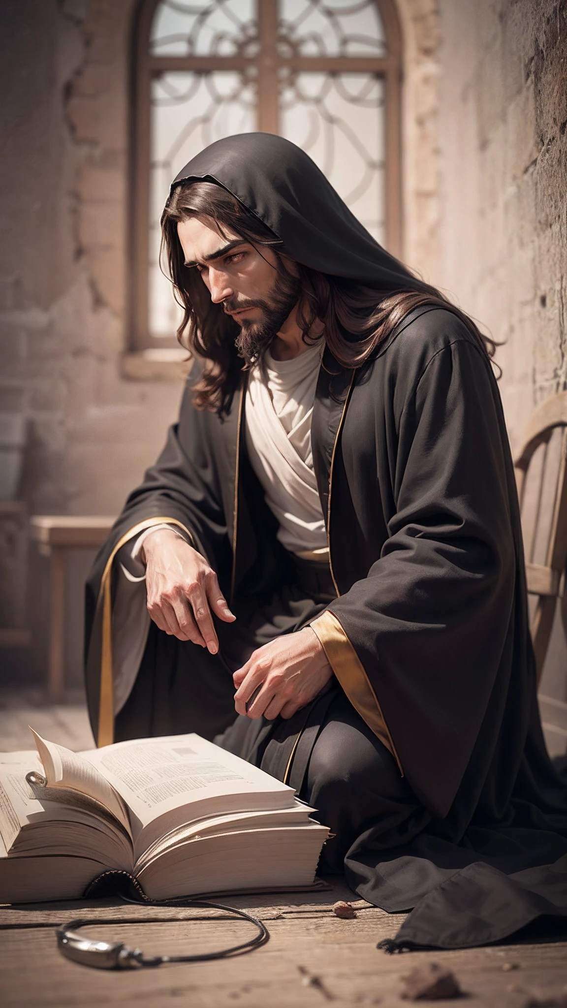 Jesus  wearing black robe and talking with his apostol  realistic, HD, 4k --auto --s2