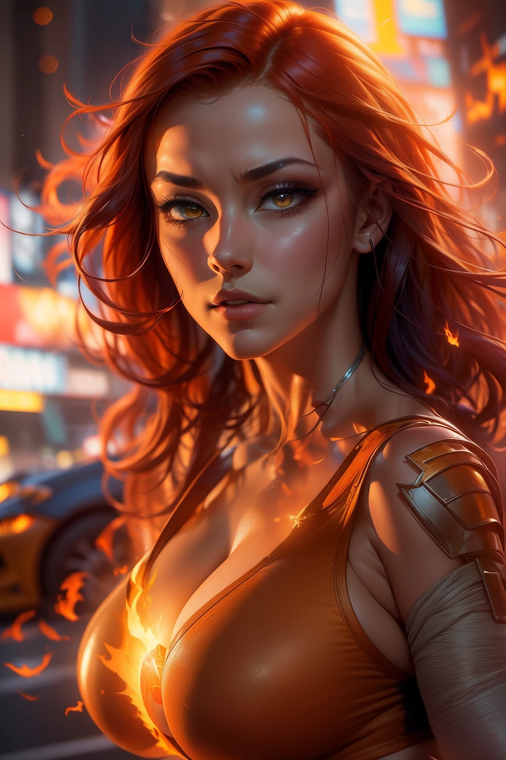 Phoenix (Jean Grey:X-Men) full body, New York City in Time Square, realistically highlighted with realistic fire, including bursts of flame, glowing hot embers, subtle curls of smoke, and a beautiful fire druid. Her face is expertly sculpted, with elegant and refined features and perfect shading and realistic skin texture. Her (orange and gold eyes), (Her extremely detailed eyes, beautiful detailed eyes, and macro).
(Ultra Quality, Masterpiece, Ethereal: 1.4) ((Best Quality, Masterpiece)), ultra-detailed, high resolution, realistic CG rendering, dynamic pose, beautiful face,(gray jean:X-Men), Glowing Aura, bright eyes, red hair, full body shot, full of action, intense energy, dramatic background. firebird in the background, Nagatiti, (huge breasts:1.6), (hanging breasts: 1.5), (disproportionate breasts: 1.4), (realism:1.2), (realisitc:1.2), (absurd:1.4), 8k, ultra -Detailed, detailed pretty face,(alone:1.4), 1girl, (Facing Viewer:1.2), Intricate body details, (Curvy:1.3),(bikini:1.3)
