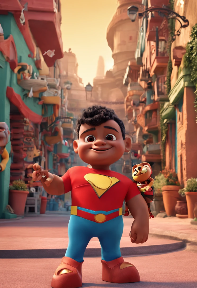 make a boy
He is 4 years old
Disney cartoon type
He is with his father, his father is dressed as a superhero.
Pixar, 3D, Disney