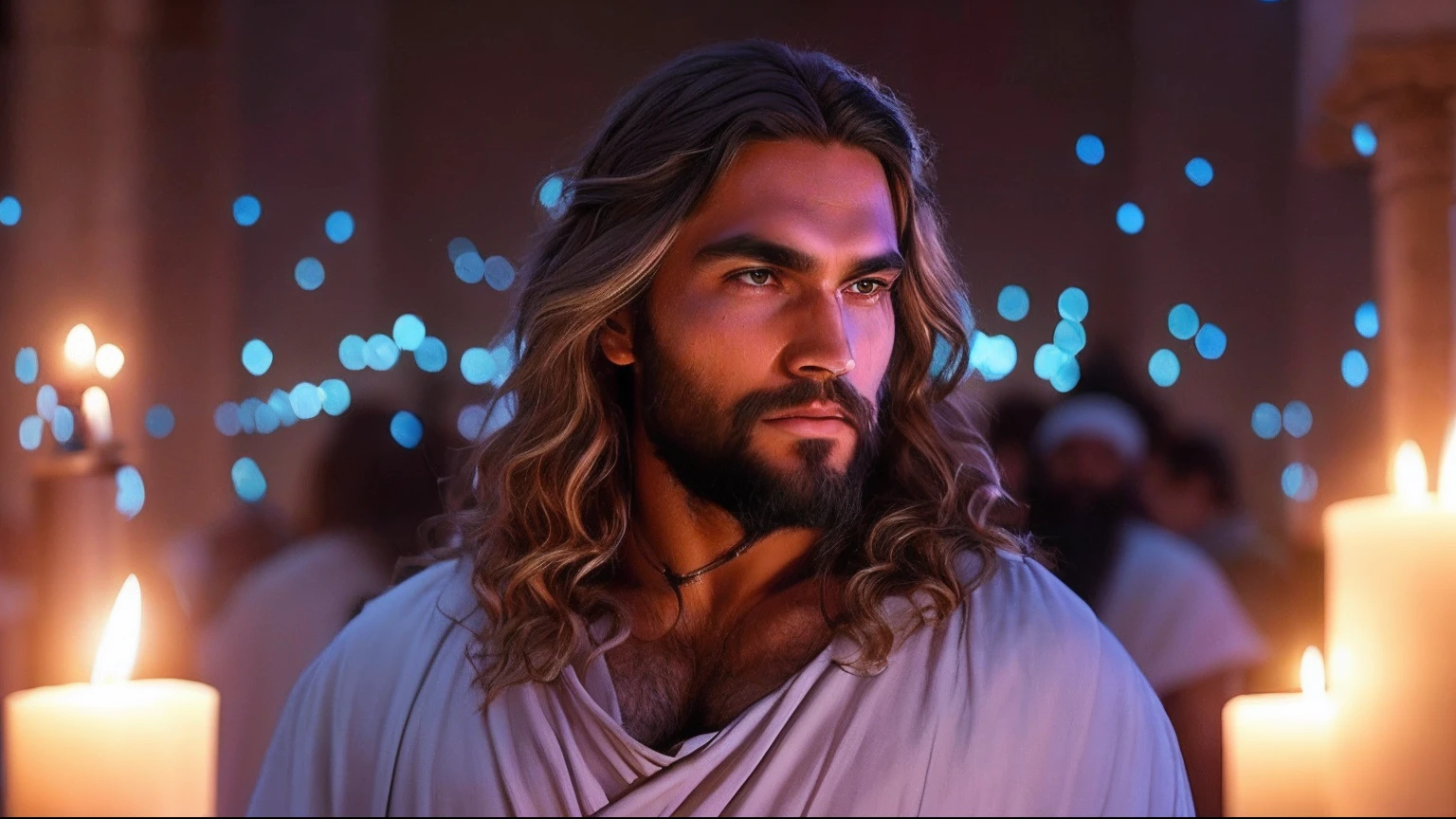Man with long hair and beard standing in front of a candle, 8 k filme ainda, filme ainda 8K, Filme 8K ainda, Jesus, beautiful man, Retrato de Jesus Cristo, ainda do filme, um filme ainda, jason momoa as assyrian, Retrato tirado 8 K, jesus of nazareth, Vestido como Jesus Cristo