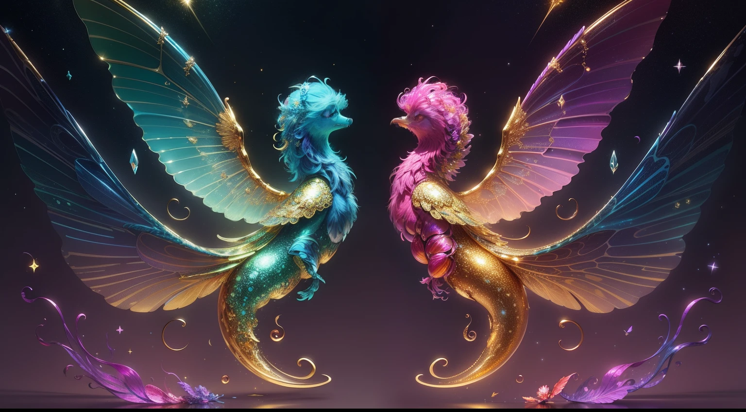 Iridescent colors, flying insects, scales, wings, blue, textured, complex, gorgeous, shadows, pastel colors, highly detailed, decorative style, Tim Burton, Dale Chihuli, Xiaolongcheng, Cyril Rolando, author hour gigue, bright gold, rainbow gold leaf, gold dust, sparkle, diamond, crystal, rainbow, gold dust, gold leaf, bright gold, universe, milky way, starry sky